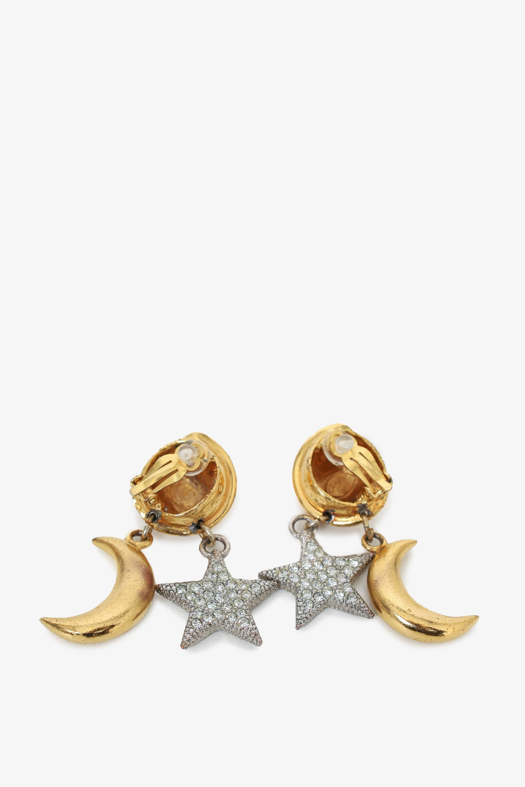 Celine Vintage Gold Tone Moon & Crystal Star Dangle Earrings