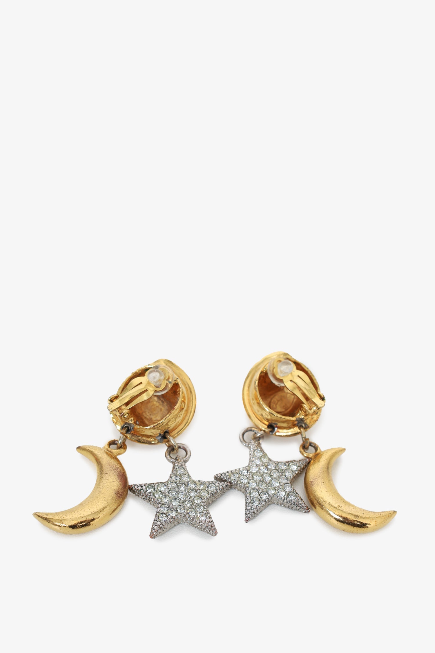 Celine Vintage Gold Tone Moon & Crystal Star Dangle Earrings
