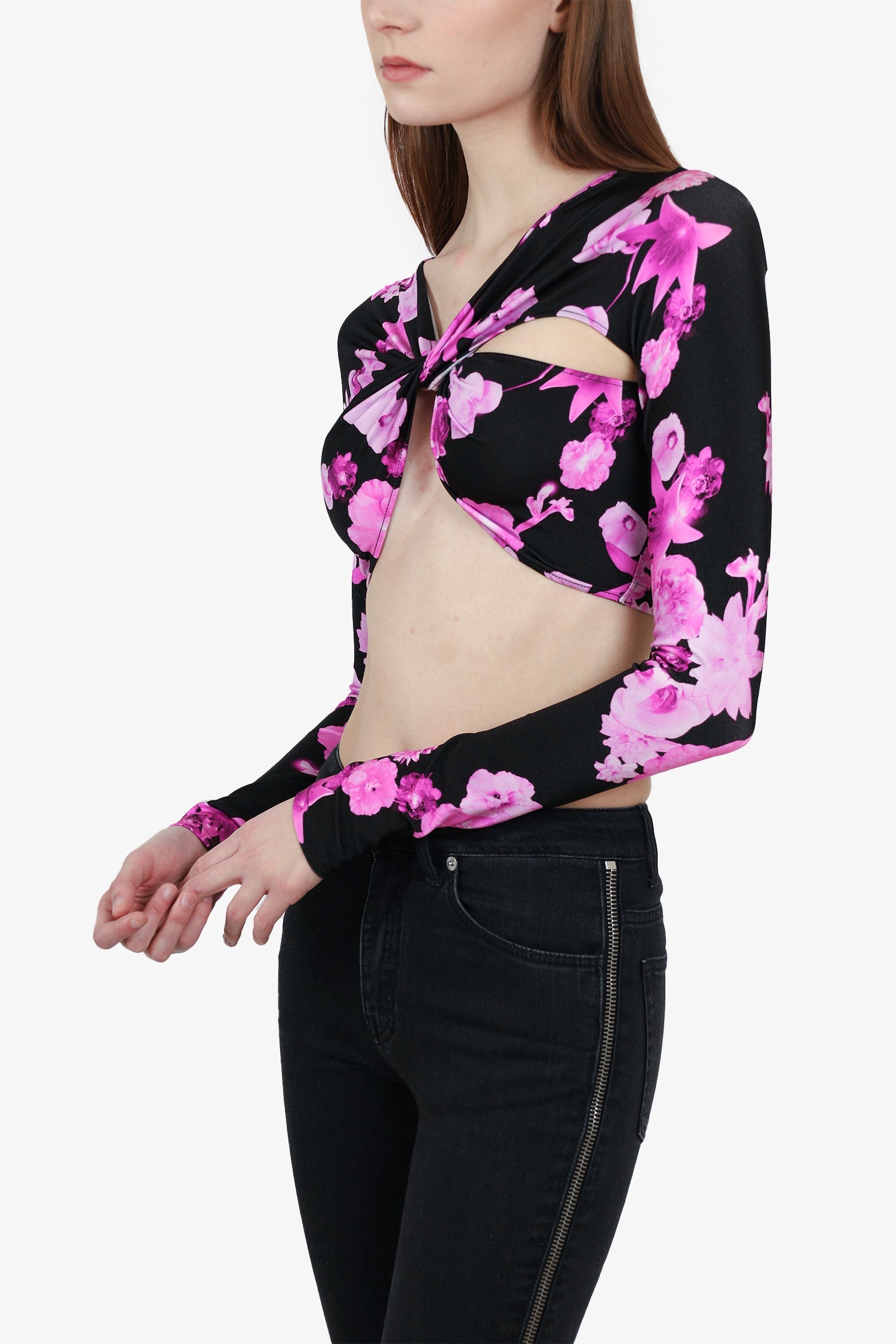 Coperni Black/Purple Floral Crop Long Sleeve Size XS