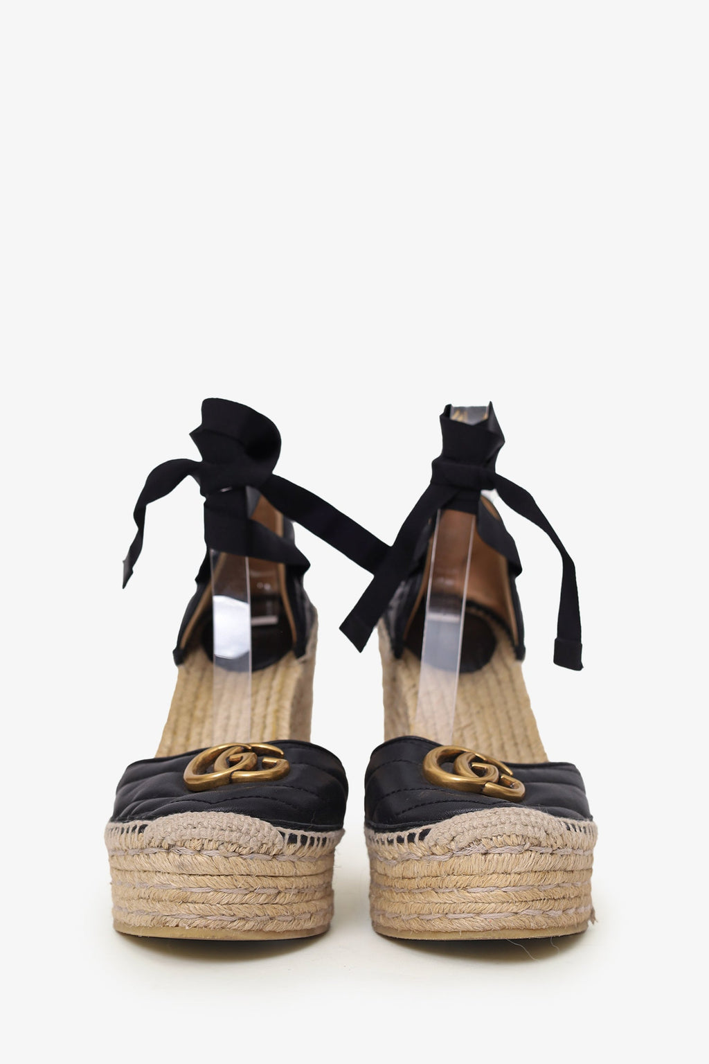 Gucci Black Chevron Leather Marmont Espadrille Wedges Size 38.5