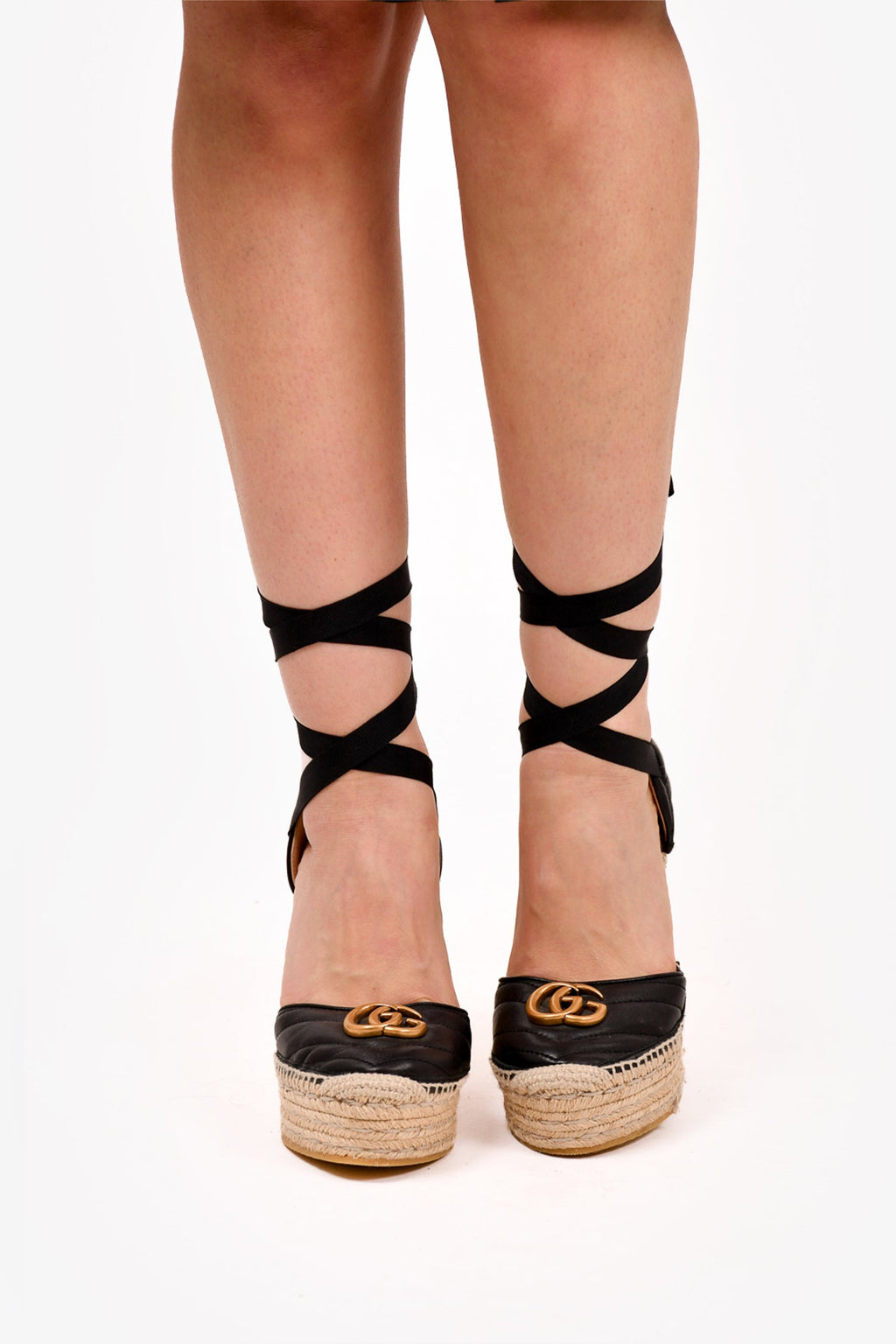 Gucci Black Chevron Leather Marmont Espadrille Wedges Size 38.5