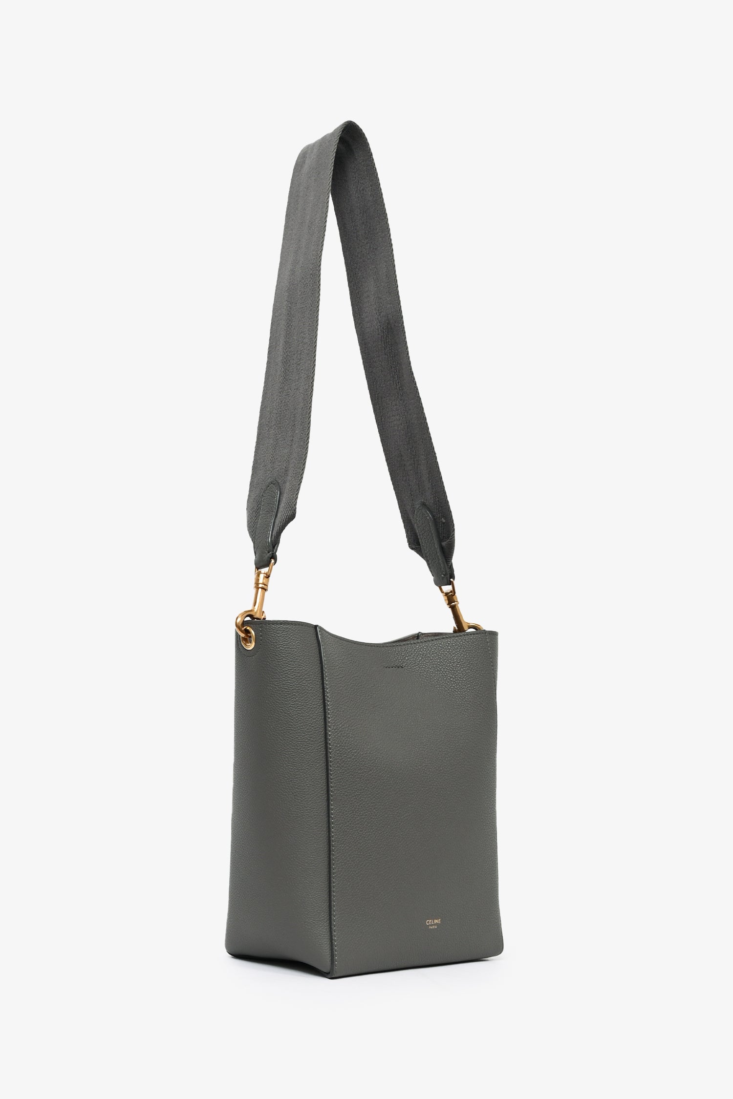 Celine 2023 Grey Leather 'Seau Sangle' Small Bucket Bag