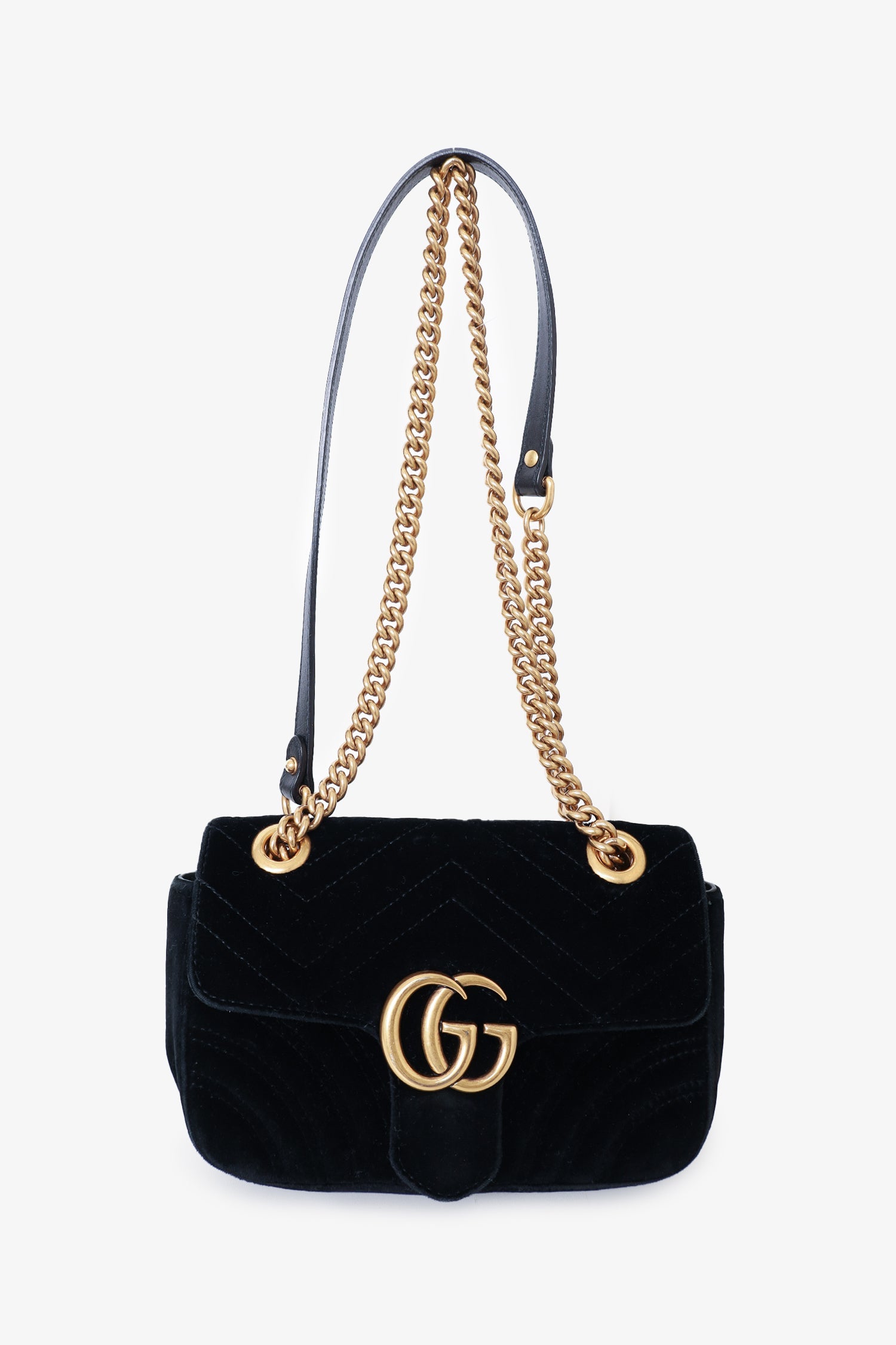 Gucci Black Matelasse Velvet Mini GG Marmont Shoulder Bag