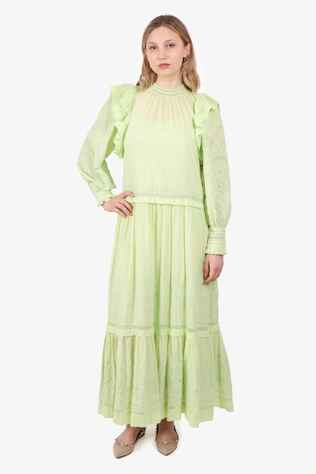 Ulla Johnson Green Lace Ruffle Maxi Dress Size 4