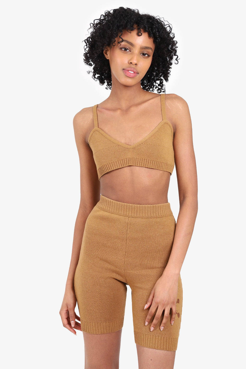 Off-White Tan Wool Knit Bra Top + Embroidered Bermuda Shorts Size XXS