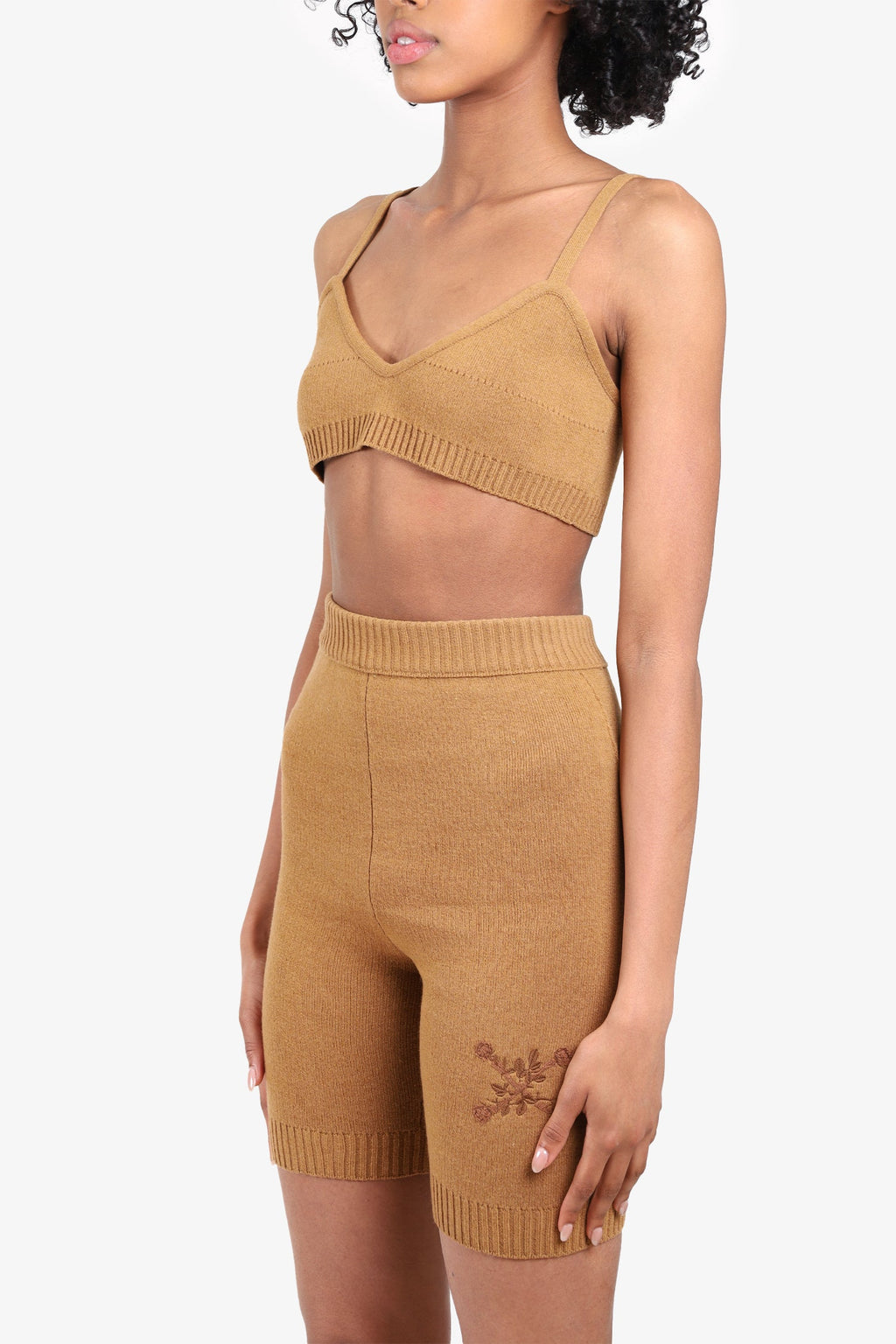 Off-White Tan Wool Knit Bra Top + Embroidered Bermuda Shorts Size XXS