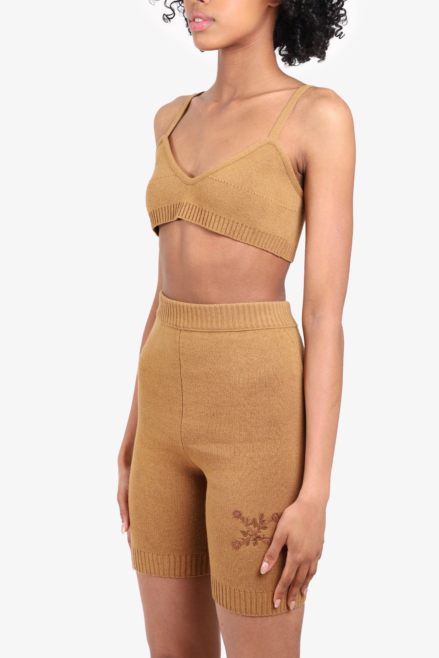 Off-White Tan Wool Knit Bra Top + Embroidered Bermuda Shorts Size XXS