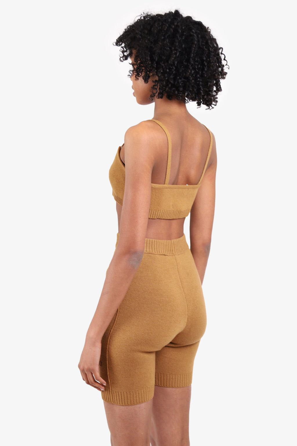 Off-White Tan Wool Knit Bra Top + Embroidered Bermuda Shorts Size XXS