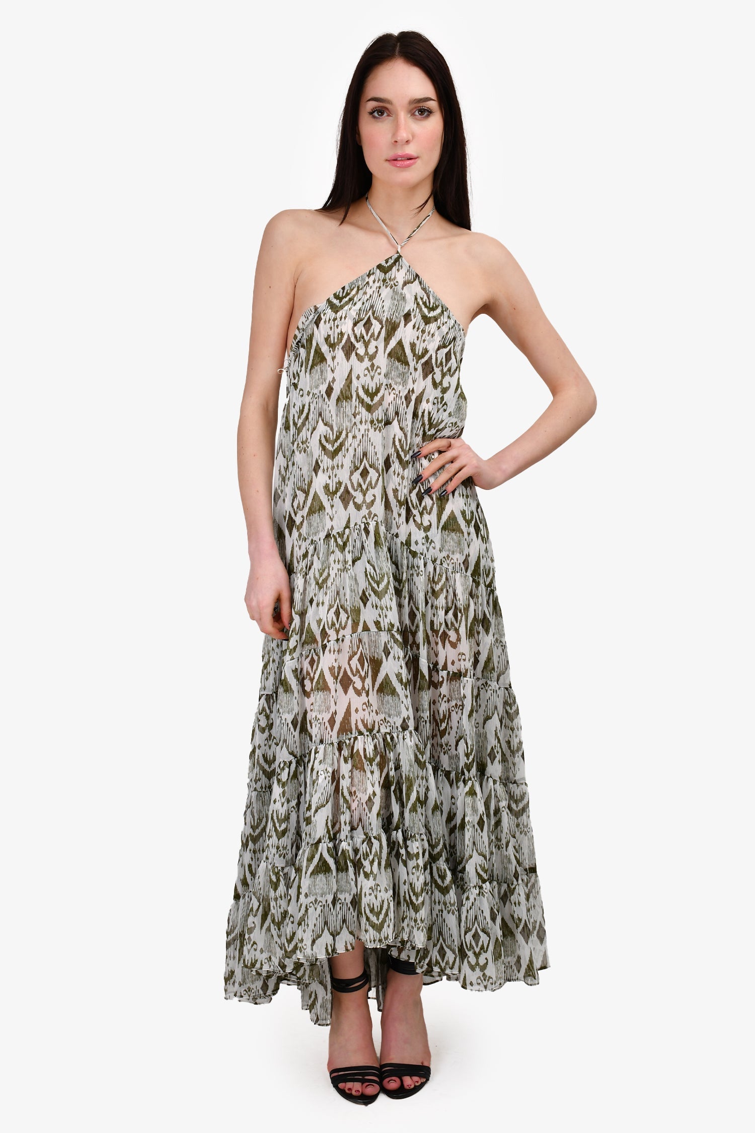 Misa Los Angeles Green Patterned Halter Maxi Dress Size M