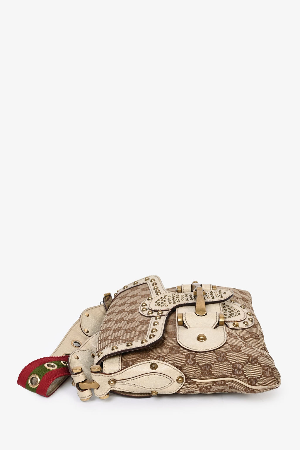 Gucci GG Canvas/Cream Leather Studded Pelham Web Shoulder Bag