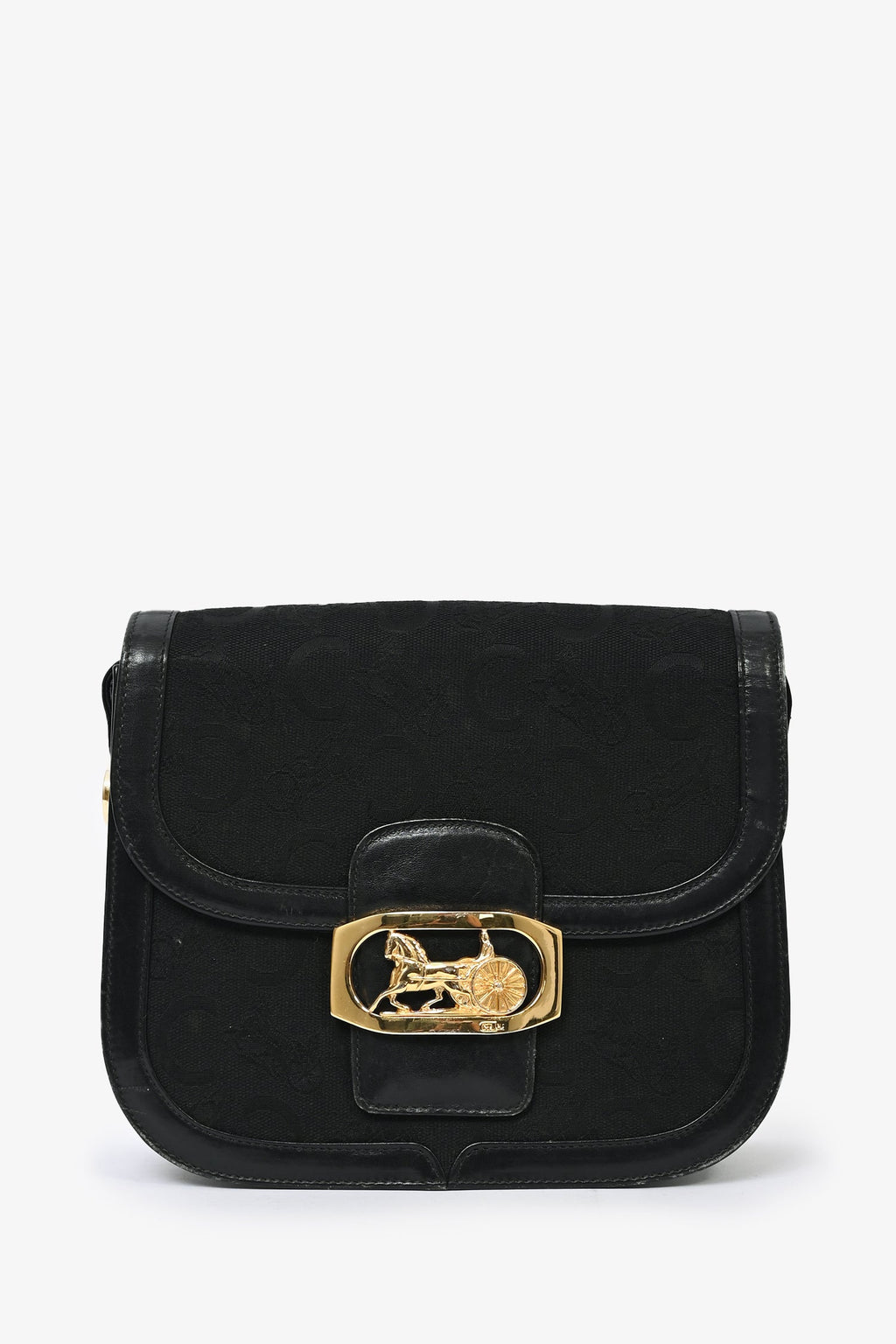 Celine Vintage Black Macadam Canvas Horse Carriage Shoulder Bag
