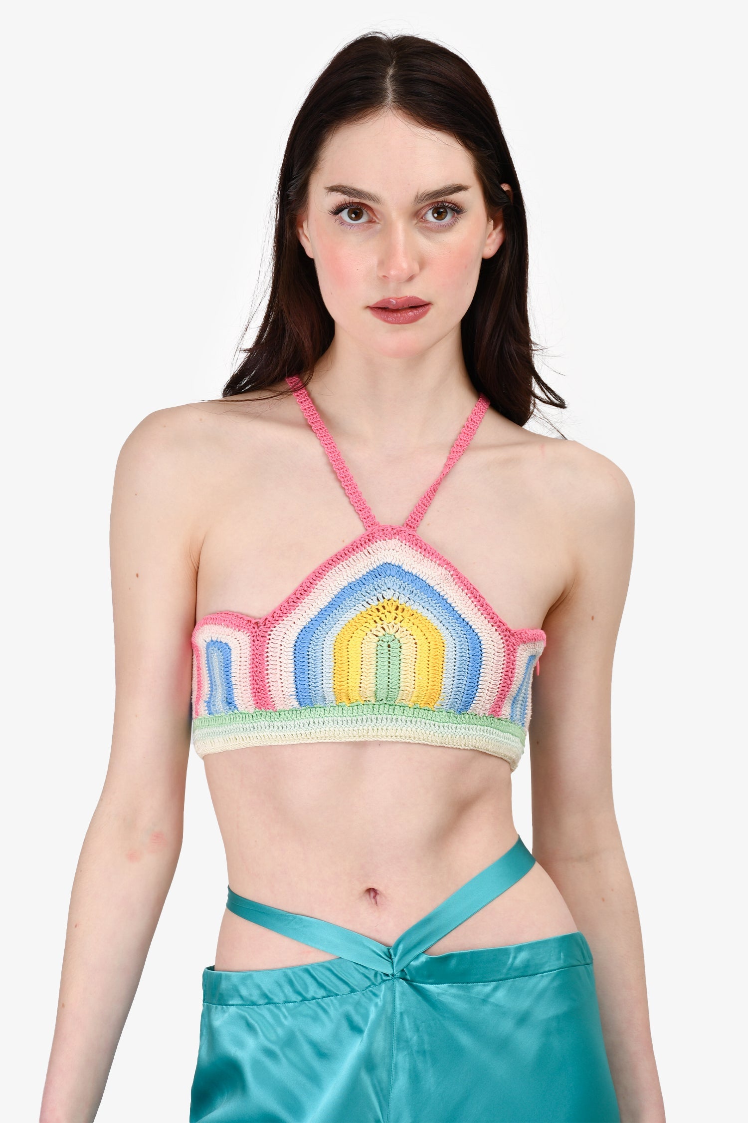 Casablanca Pink Stripe Crochet Cropped Halter Top Size M