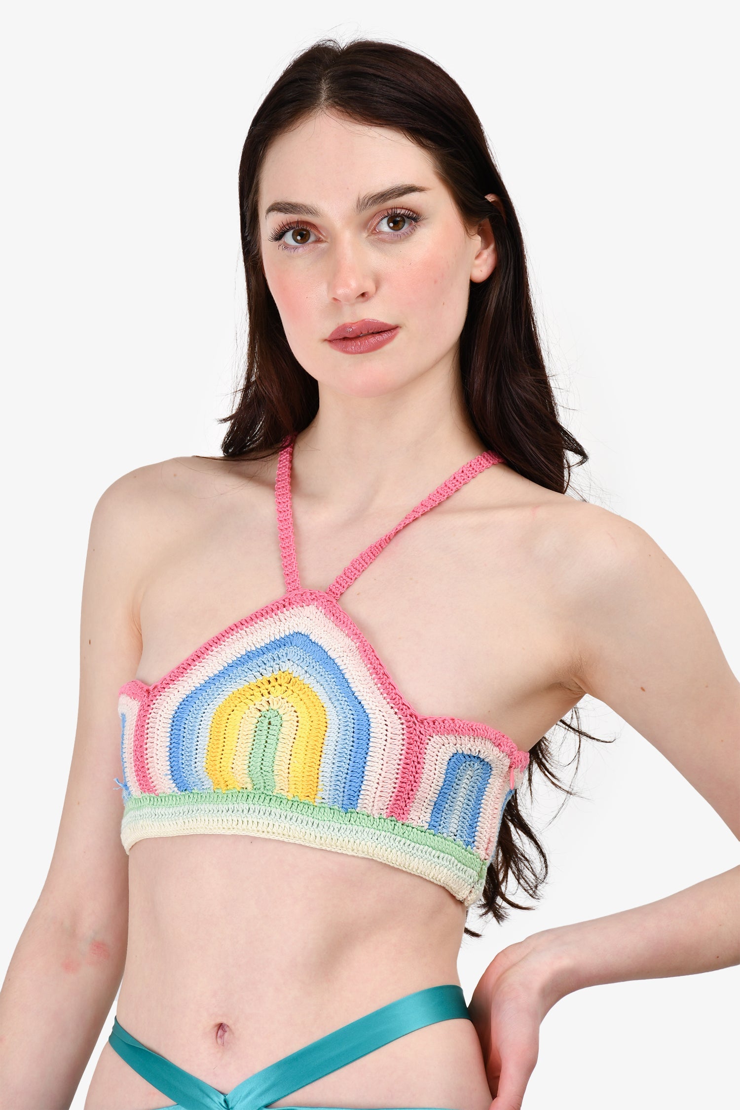 Casablanca Pink Stripe Crochet Cropped Halter Top Size M