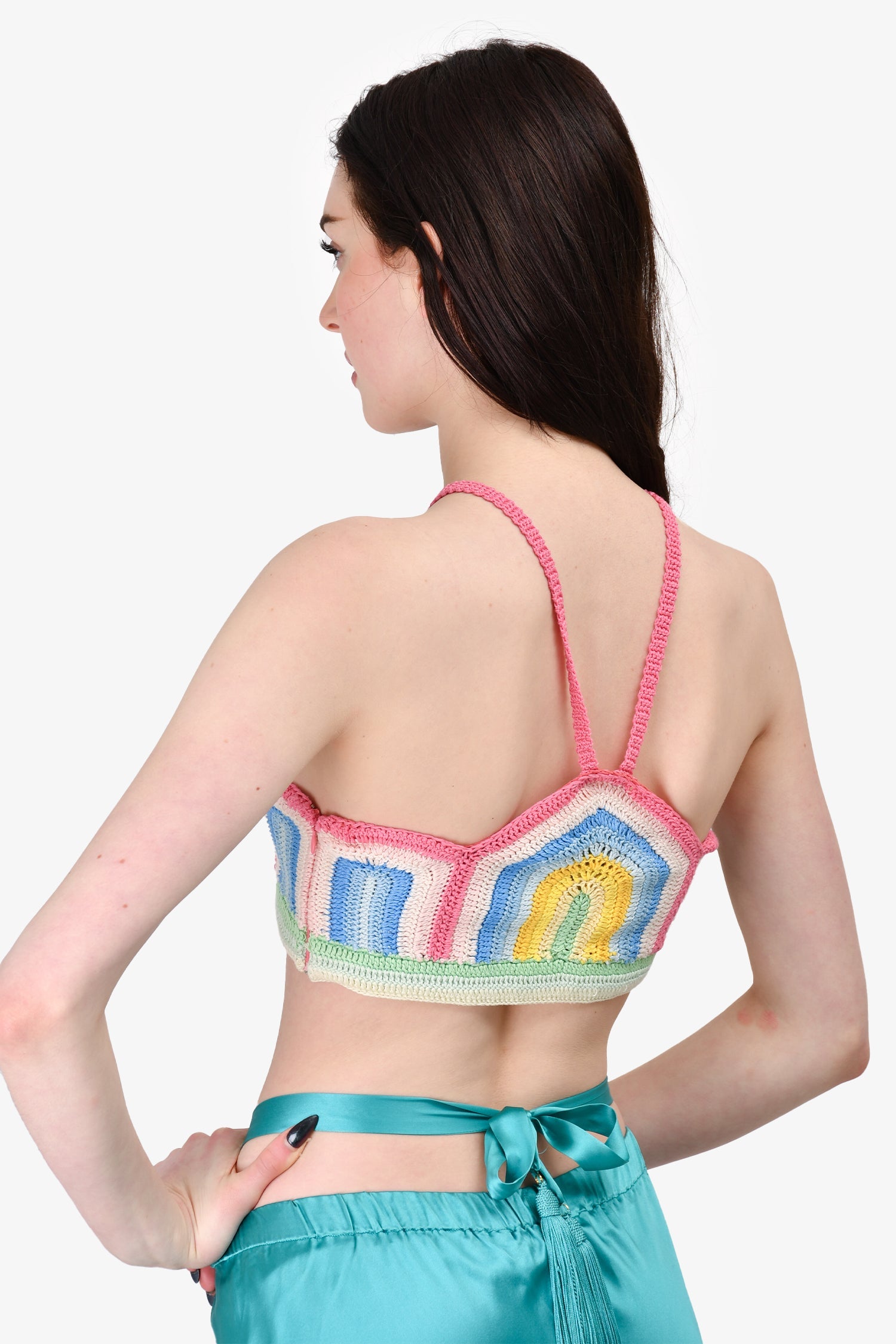 Casablanca Pink Stripe Crochet Cropped Halter Top Size M