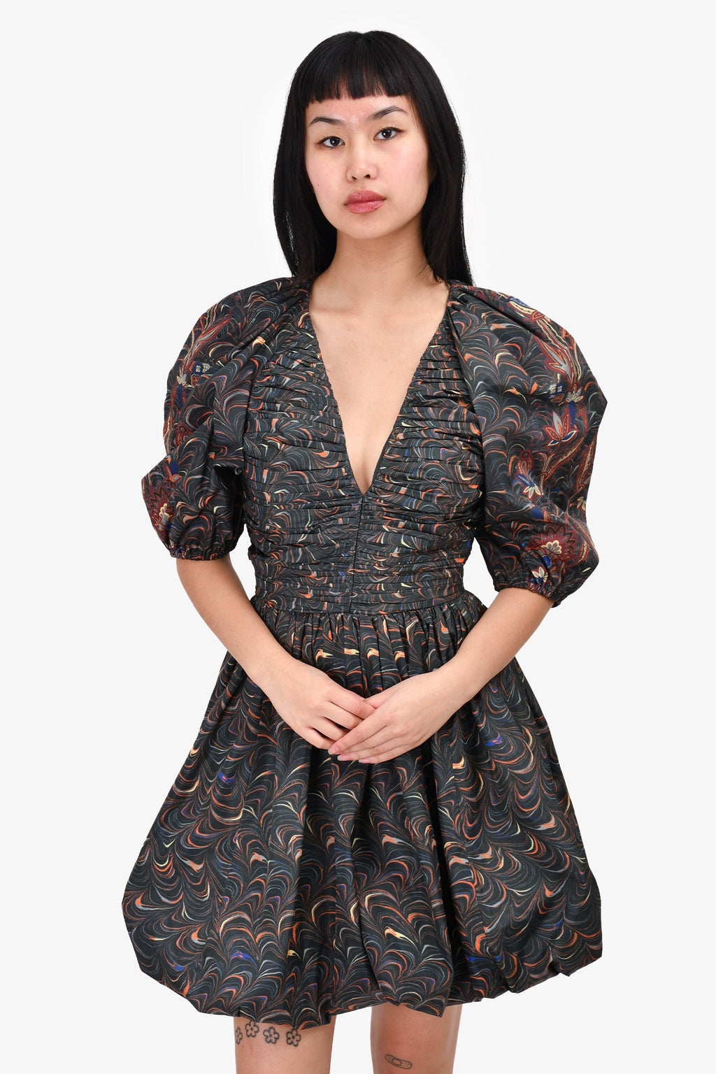 Ulla Johnson Green/Orange Puff Sleeve Paisley Print V-Neck Dress Size 4