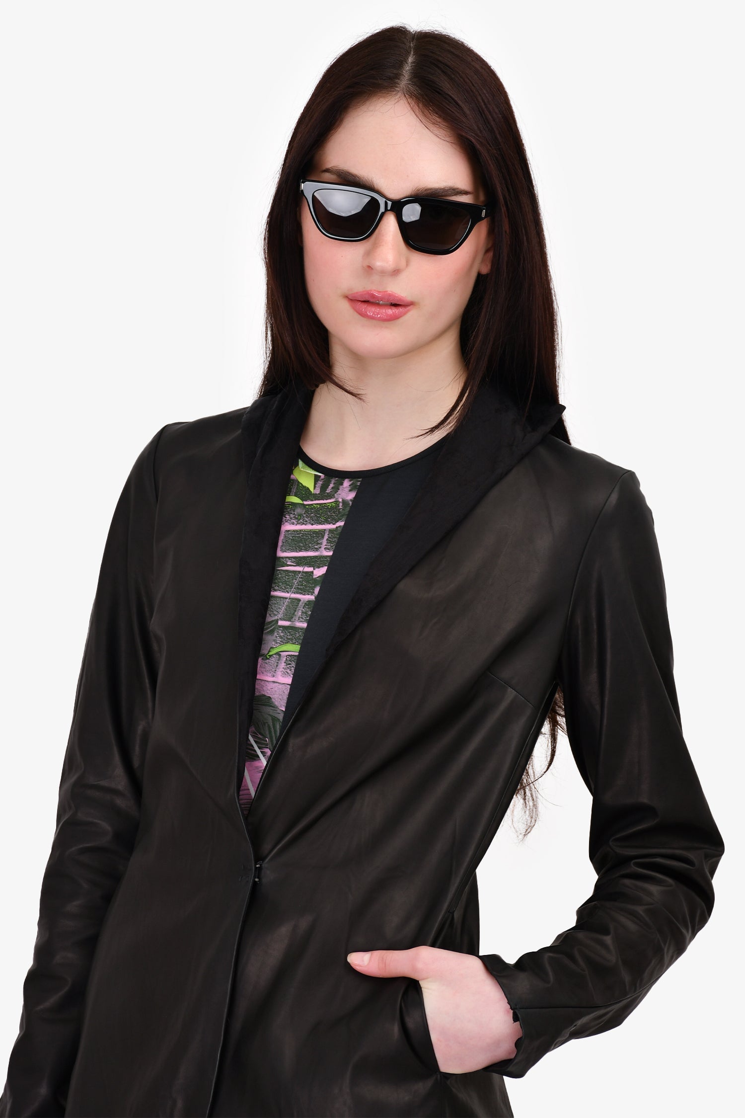 M.A+ Black Crinkled Leather Jacket Estimated Size M