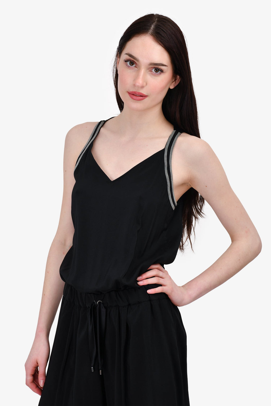 Brunello Cucinelli Black Silk Embellished Sleeveless Romper Size L