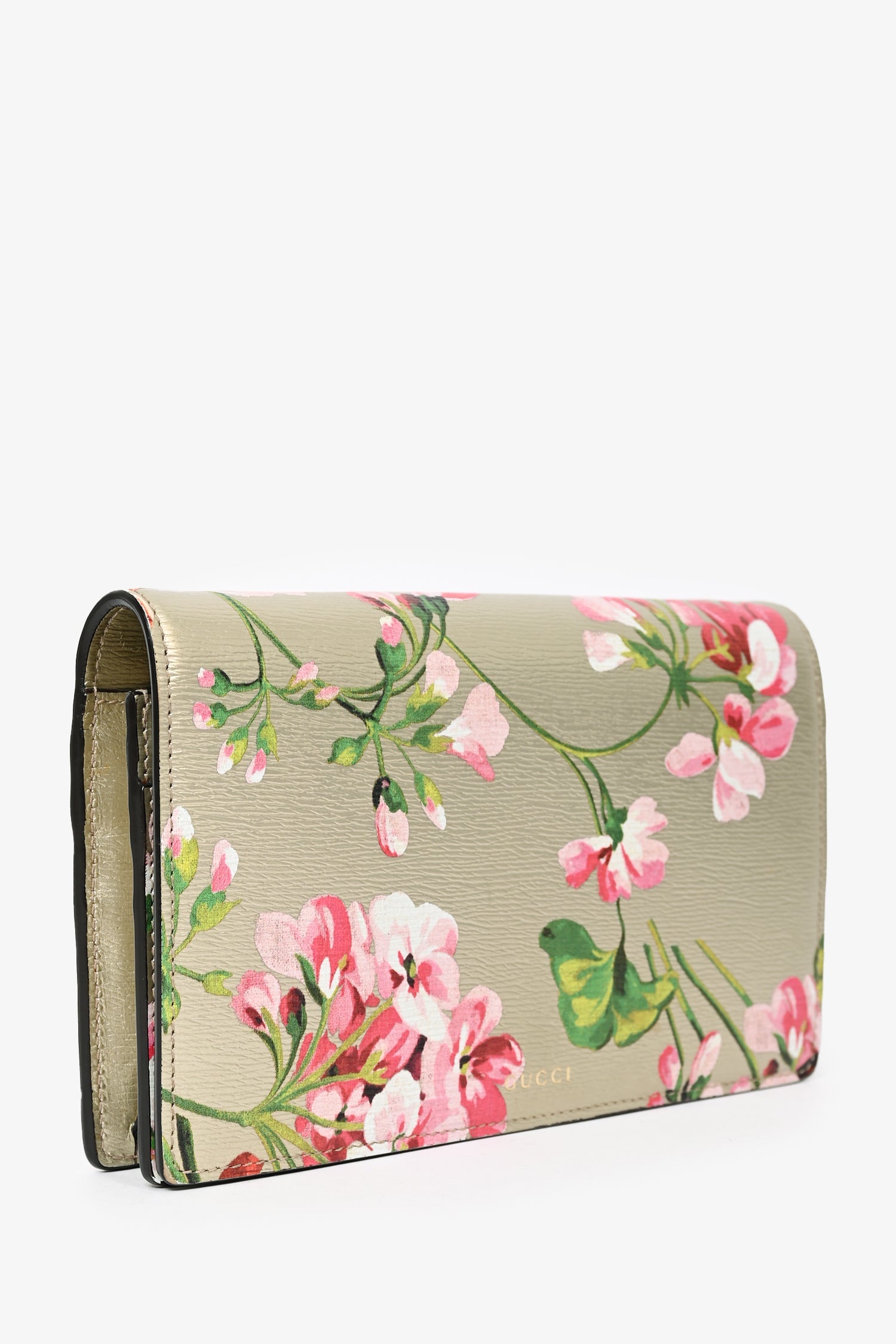 Gucci Gold Leather Blooms Wallet On Chain