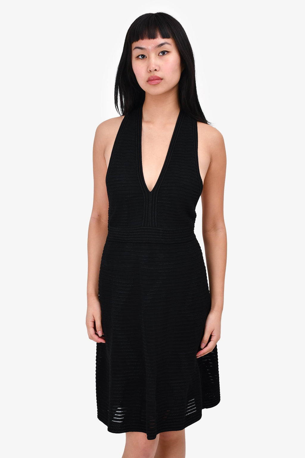 M Missoni Black Striped Knit V Neck Short Dress Size 42