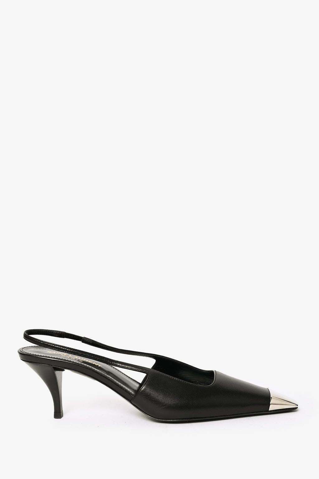 Saint Laurent Black Leather Silver Cap Toe Slingback Heels Size 37
