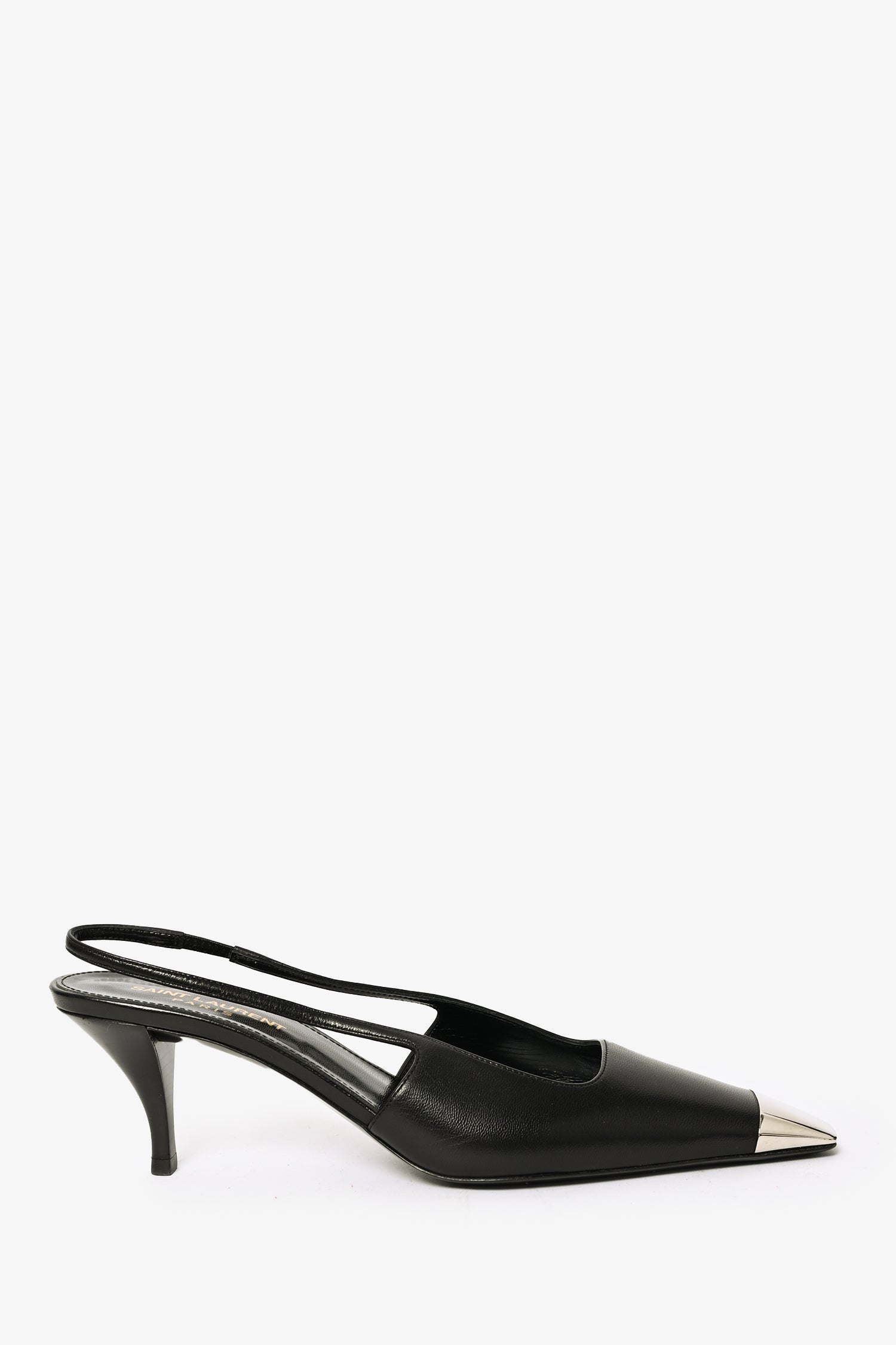 Saint Laurent Black Leather Silver Cap Toe Slingback Heels Size 37