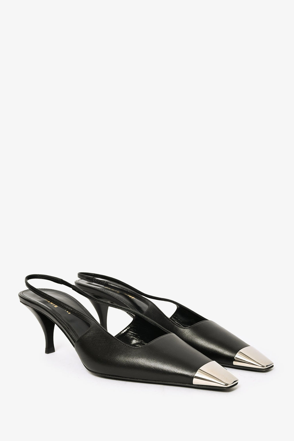 Saint Laurent Black Leather Silver Cap Toe Slingback Heels Size 37