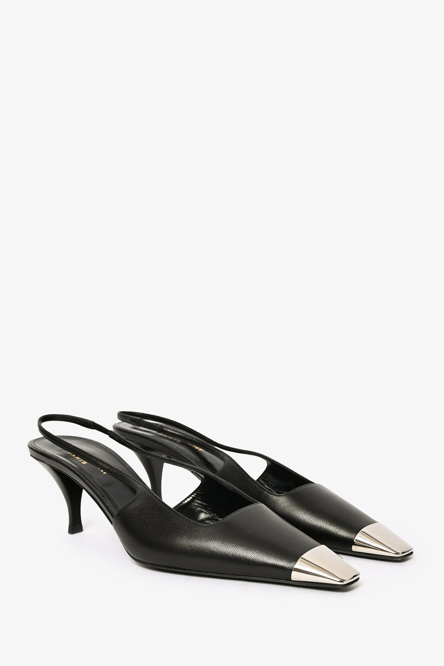Saint Laurent Black Leather Silver Cap Toe Slingback Heels Size 37