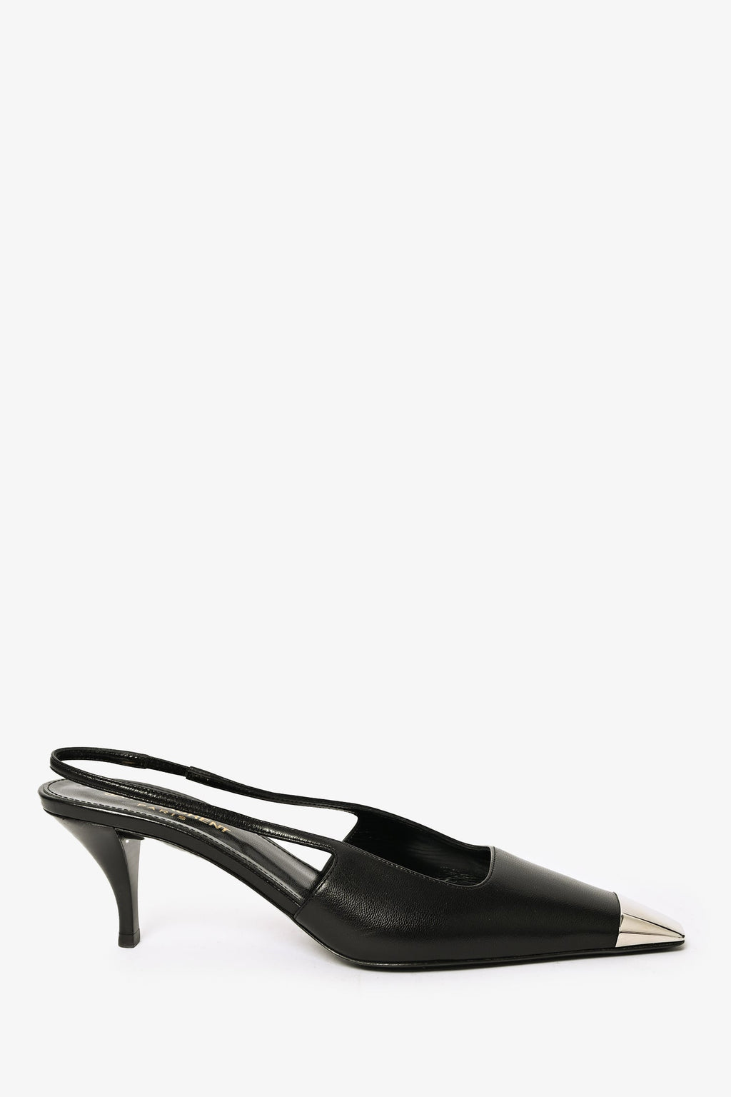 Saint Laurent Black Leather Silver Cap Toe Slingback Heels Size 37