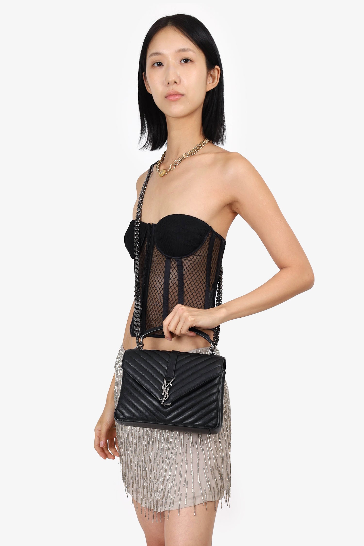 Saint Laurent 2017 Black Leather Chevron Medium College Crossbody Bag