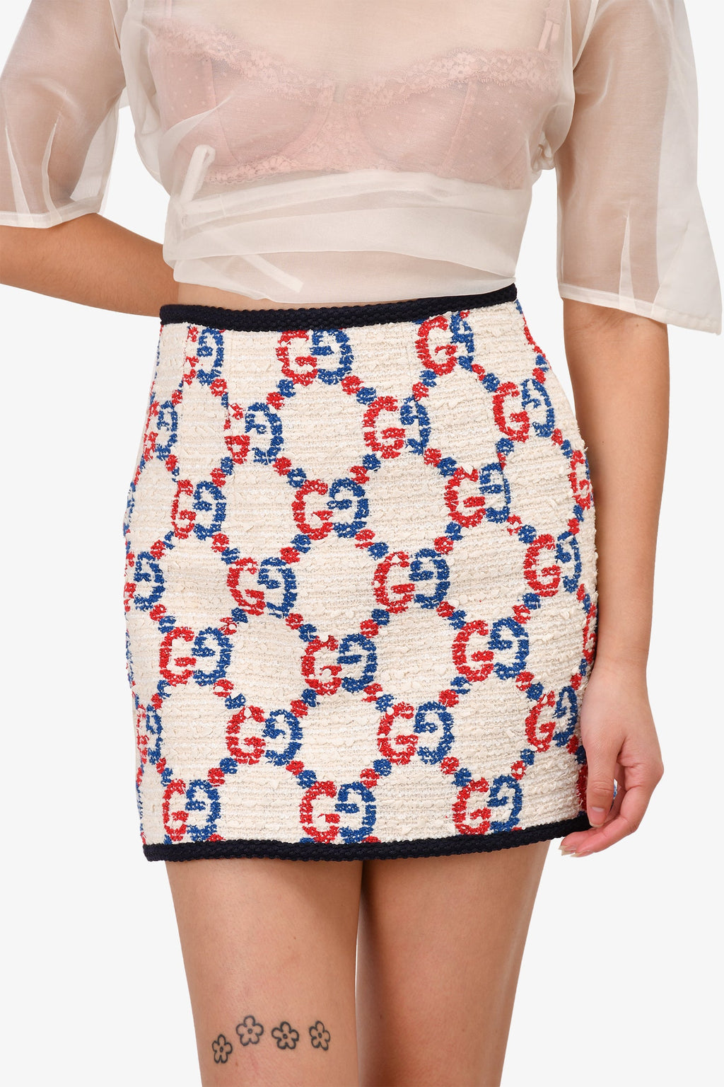 Gucci Cream Boucle Tweed Patterned GG Logo Mini Skirt Size 36