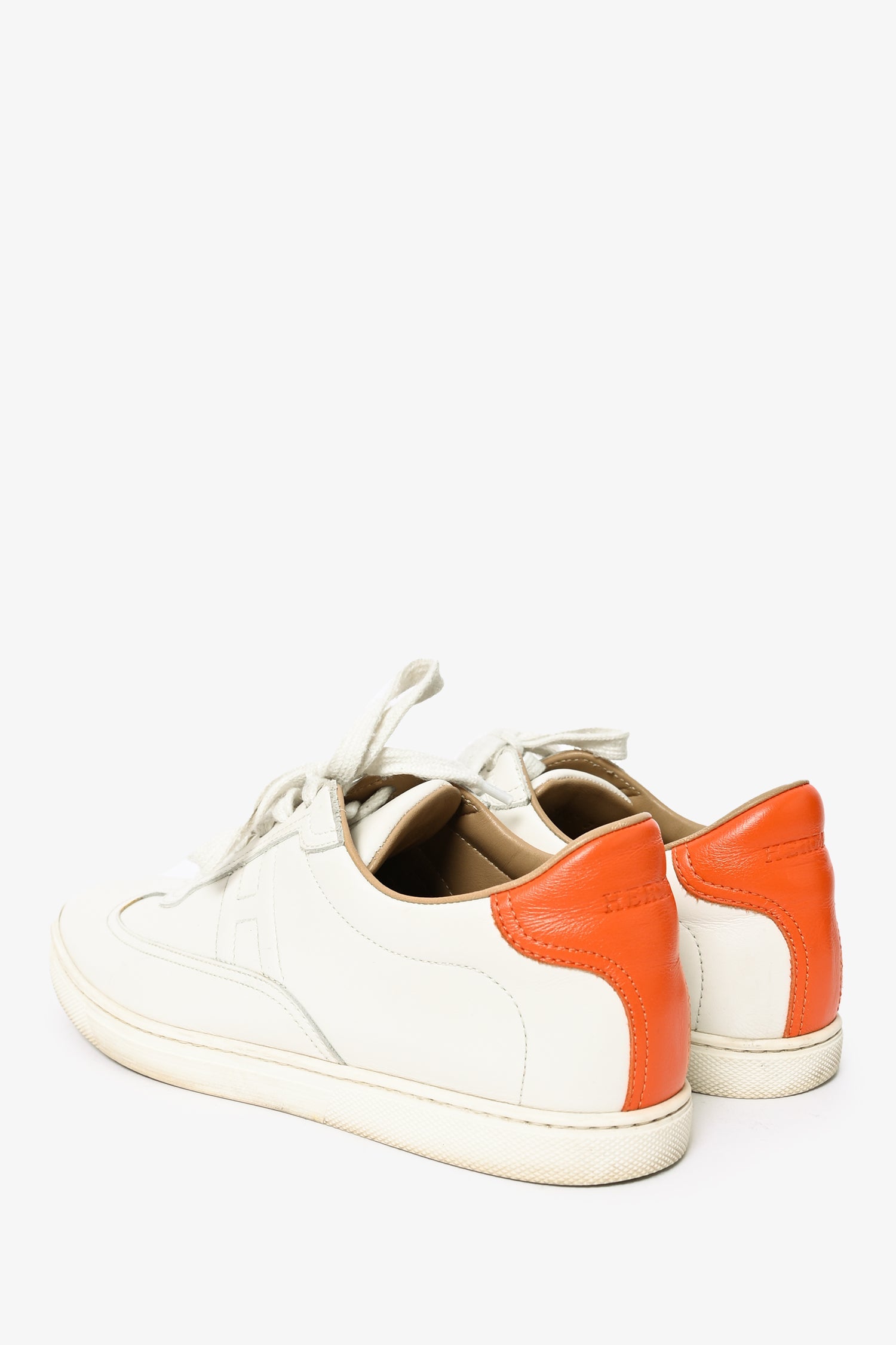 Hermès White/Orange Leather Quicker Sneakers Size 38