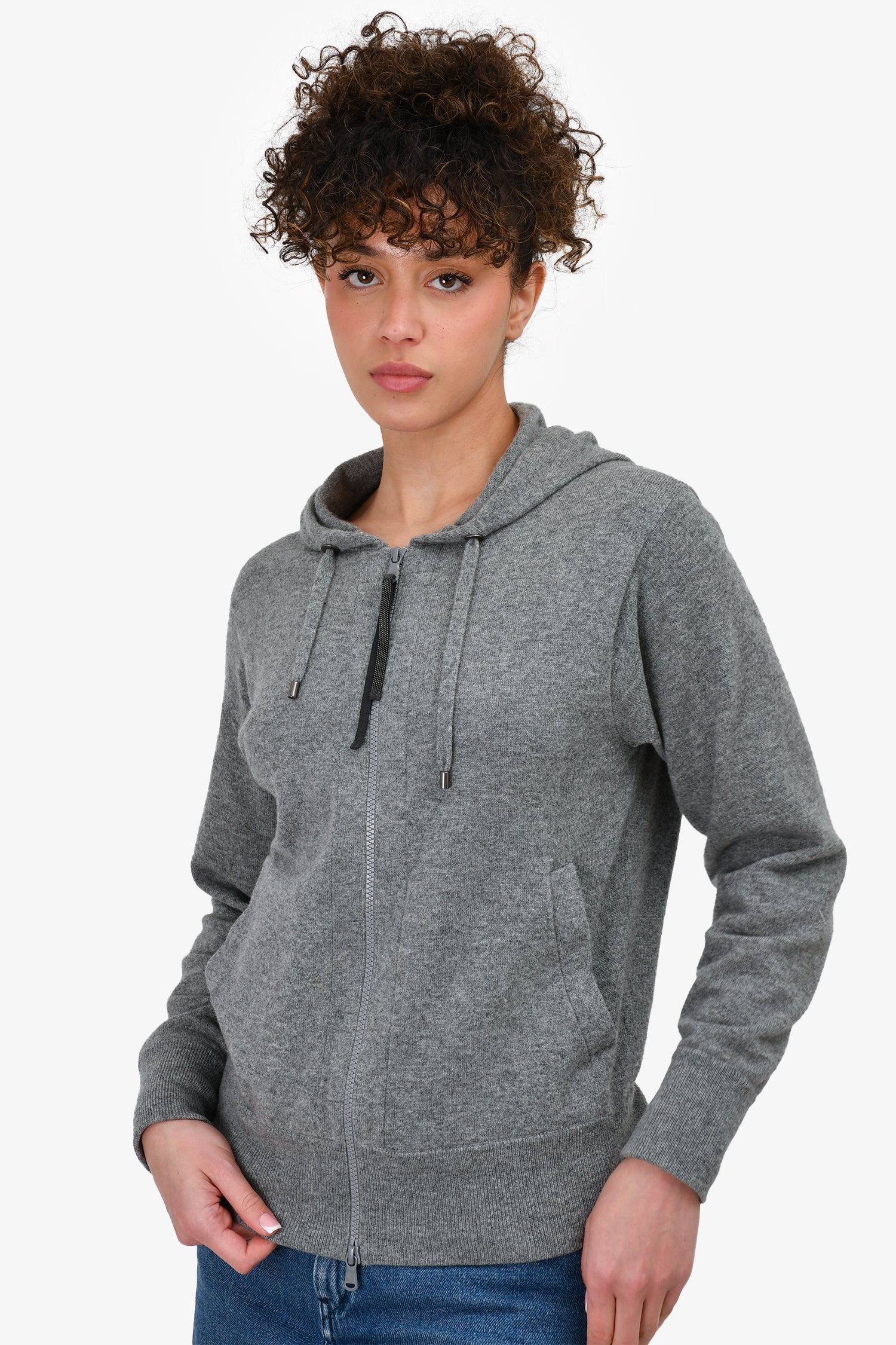 Brunello Cucinelli Grey Cashmere Zip-Up Hoodie Size S