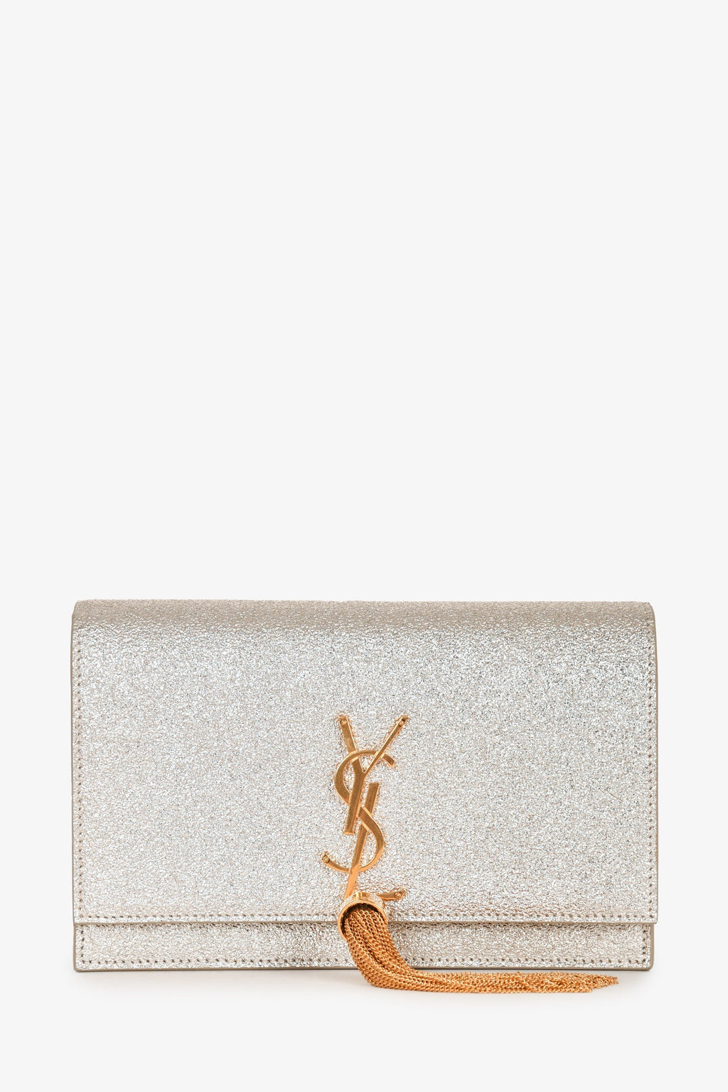 Saint Laurent Gold Metallic Leather Logo Wallet On Chain