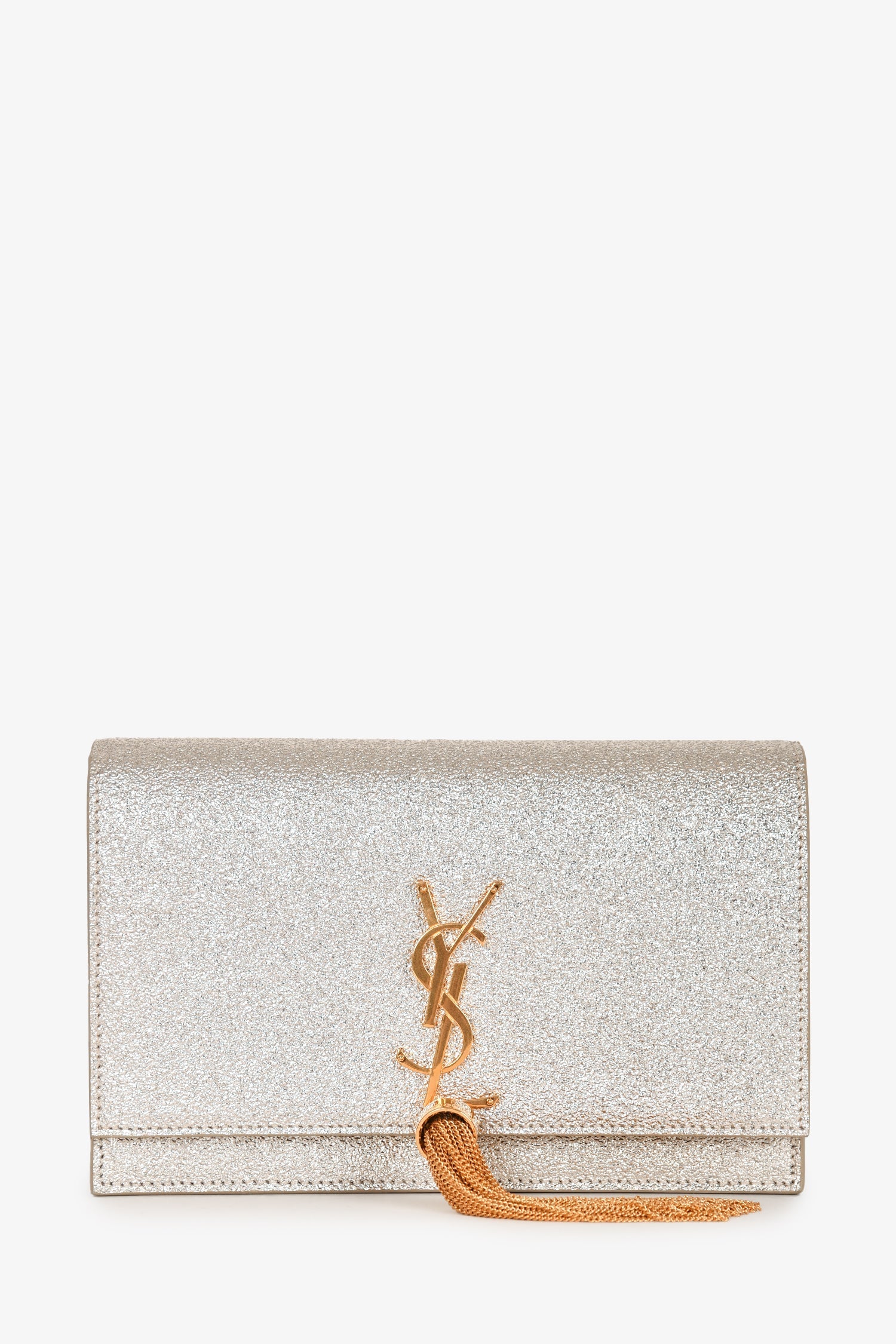 Saint Laurent Gold Metallic Leather Logo Wallet On Chain