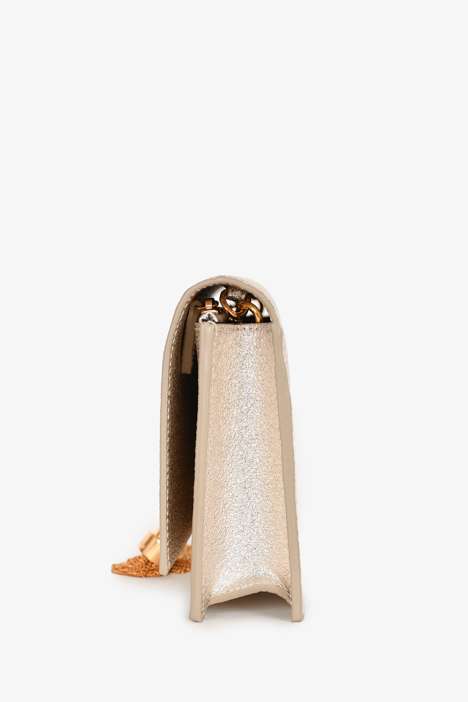 Saint Laurent Gold Metallic Leather Logo Wallet On Chain