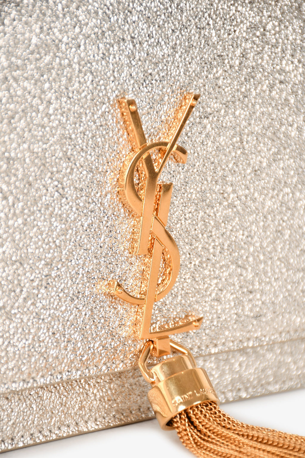 Saint Laurent Gold Metallic Leather Logo Wallet On Chain