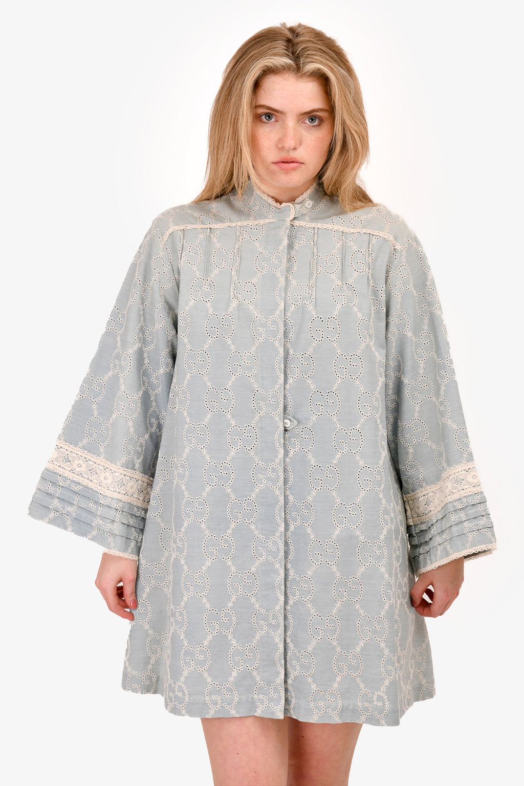 Gucci 2019 Pale Blue GG Embroidered Denim Button Down Dress Size 40