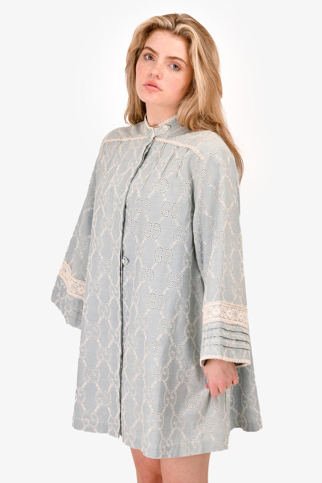 Gucci 2019 Pale Blue GG Embroidered Denim Button Down Dress Size 40