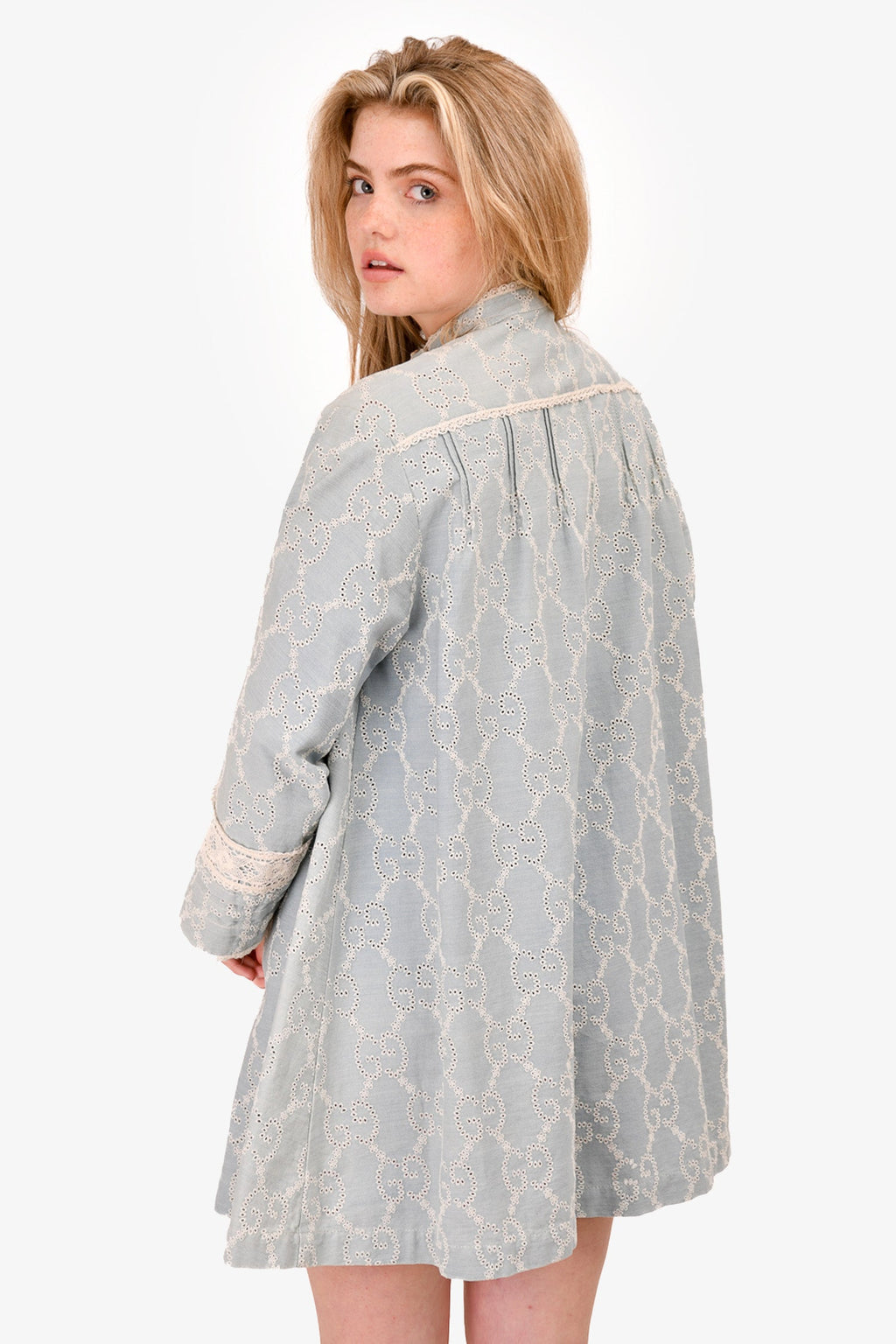 Gucci 2019 Pale Blue GG Embroidered Denim Button Down Dress Size 40