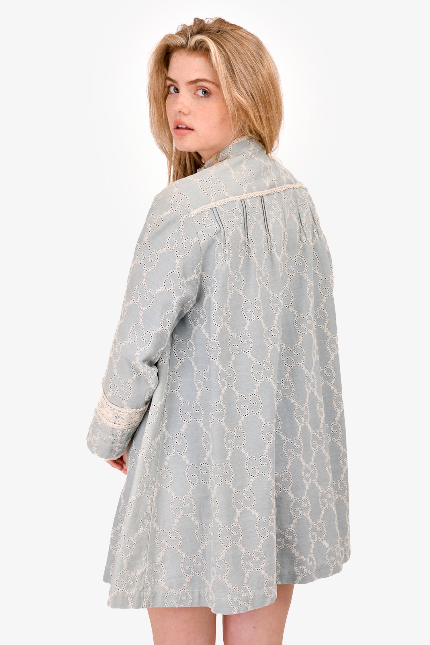 Gucci 2019 Pale Blue GG Embroidered Denim Button Down Dress Size 40