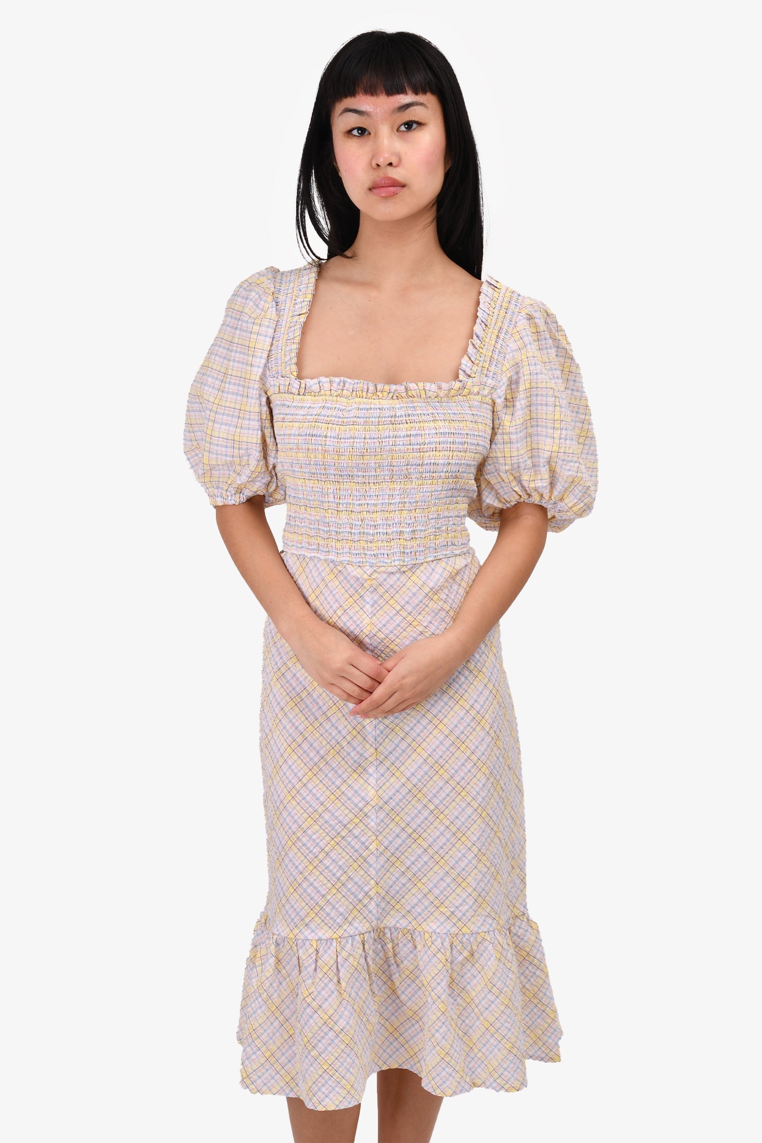 Ganni Pastel Plaid Cotton Smock Dress Size 42