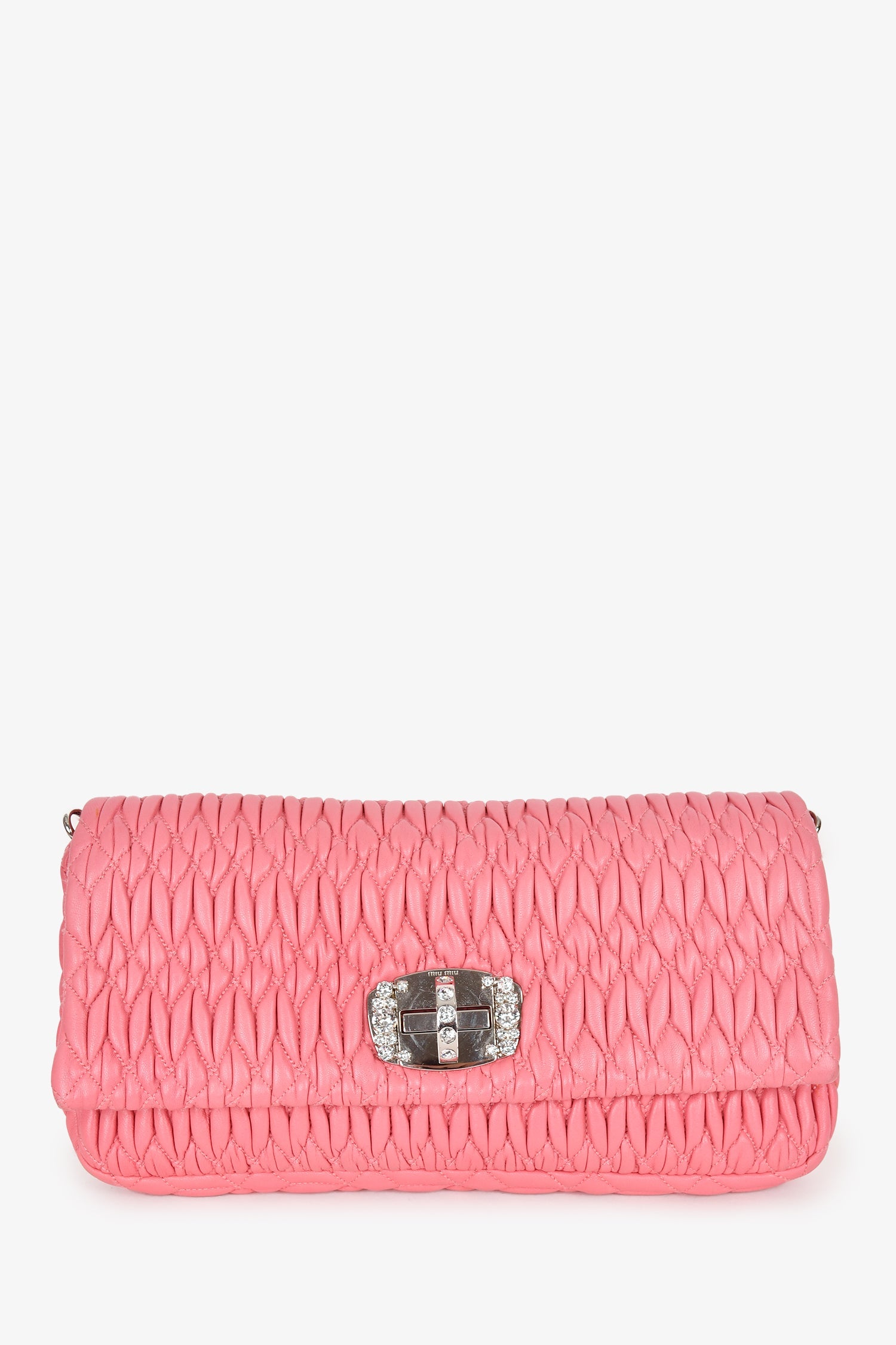 Miu Miu Pink Matelasse Leather Crystal Strap Shoulder Bag
