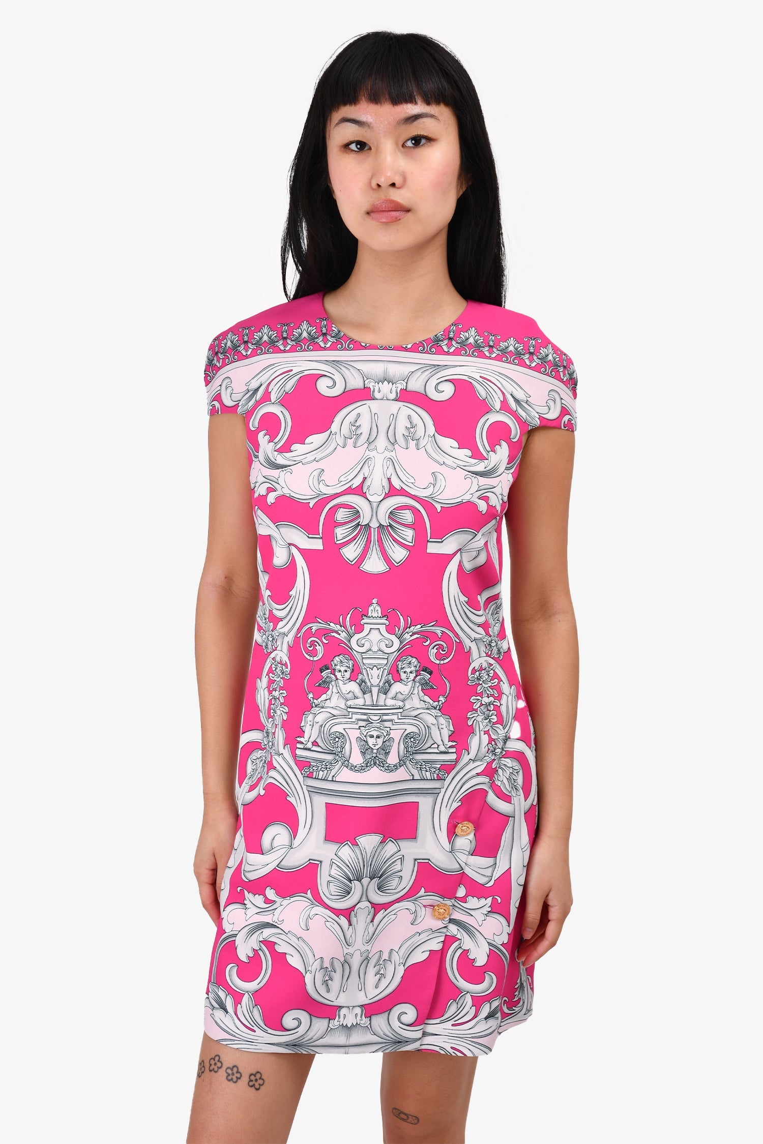Versace Pink Baroque Printed Shift Dress Size 42