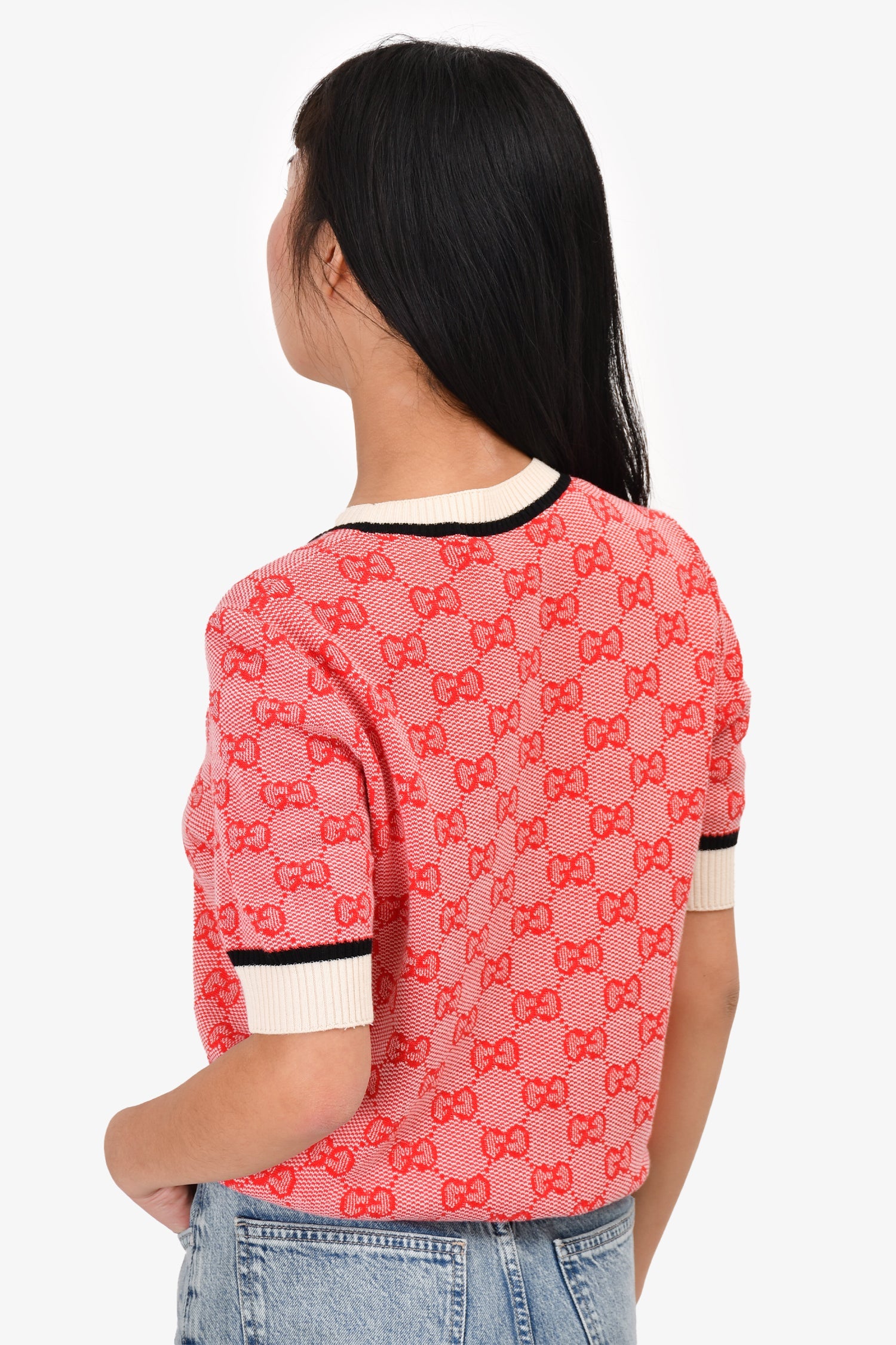 Gucci Red/White knit 'GG' Short Sleeve Top Size L