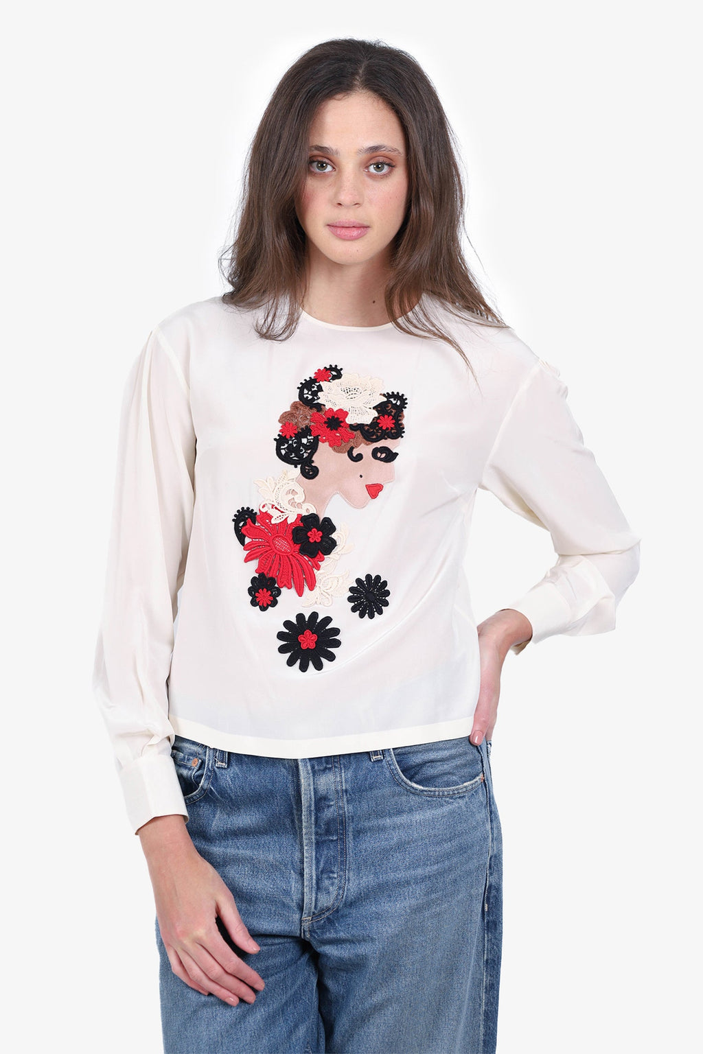 Dolce & Gabbana Cream Silk Embroidered Long-Sleeve Blouse Size 42