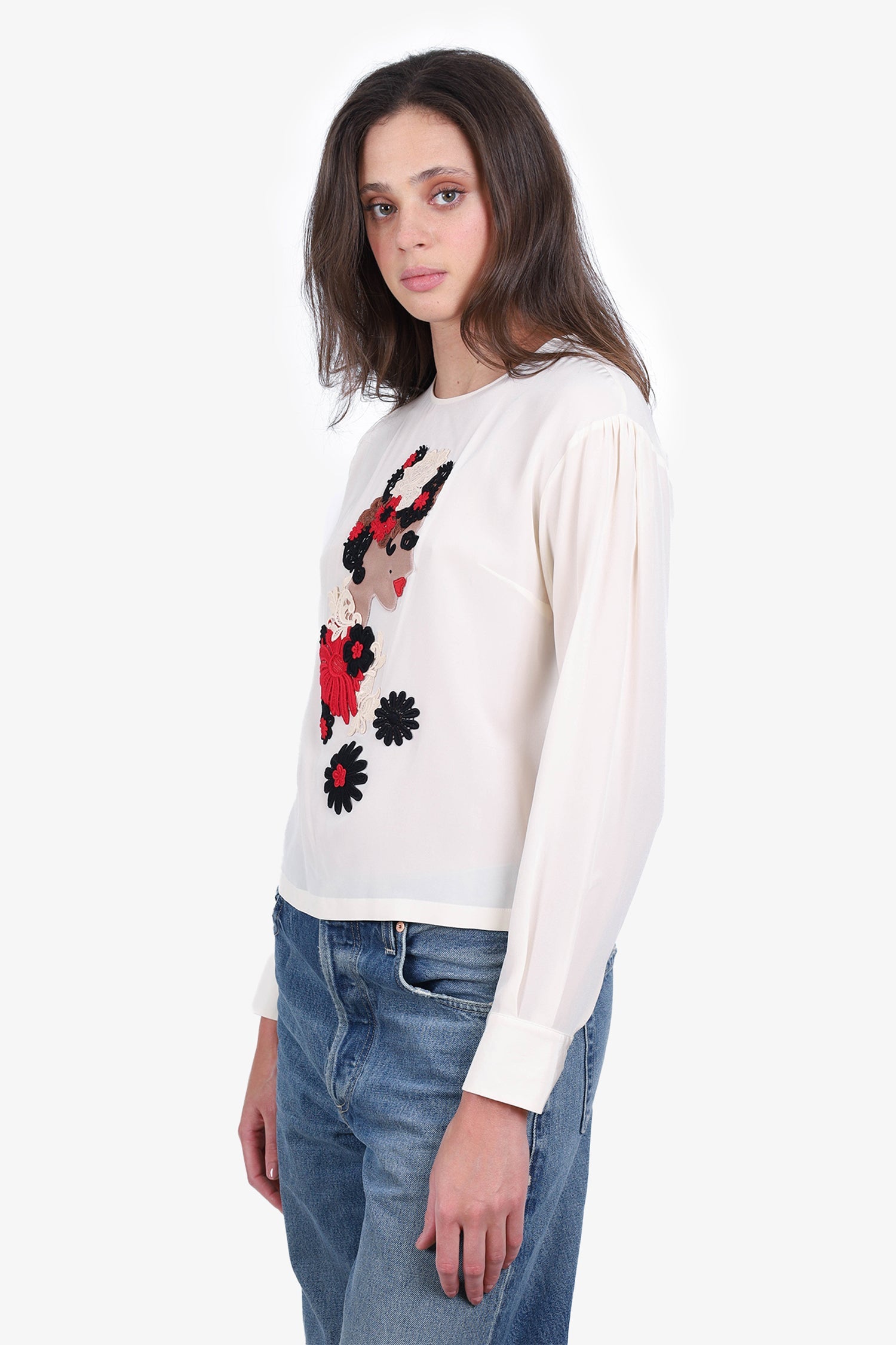 Dolce & Gabbana Cream Silk Embroidered Long-Sleeve Blouse Size 42