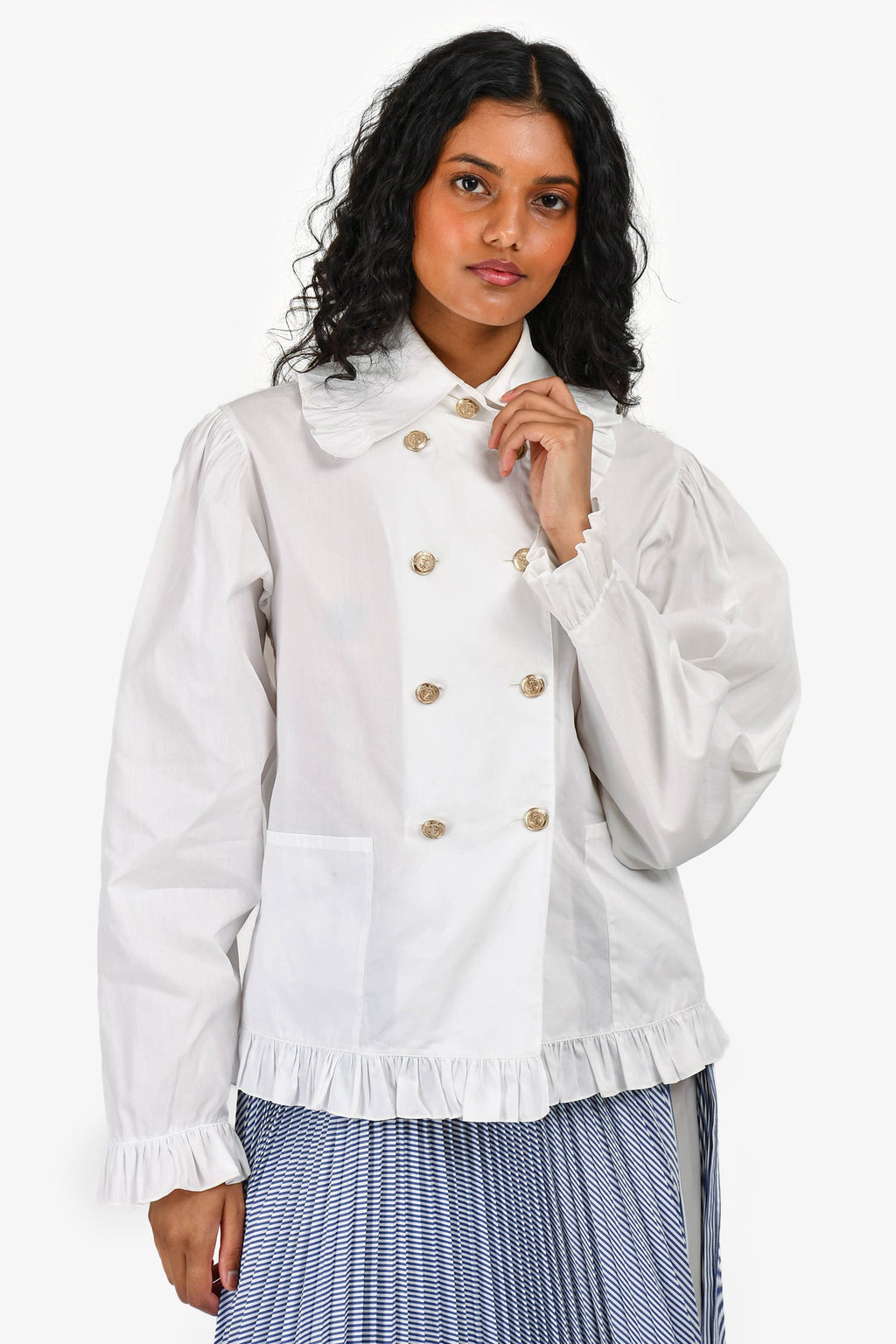 Pre-Loved Chanel™ White Ruffle Hem Anchor Button Detail Blouse Size 36