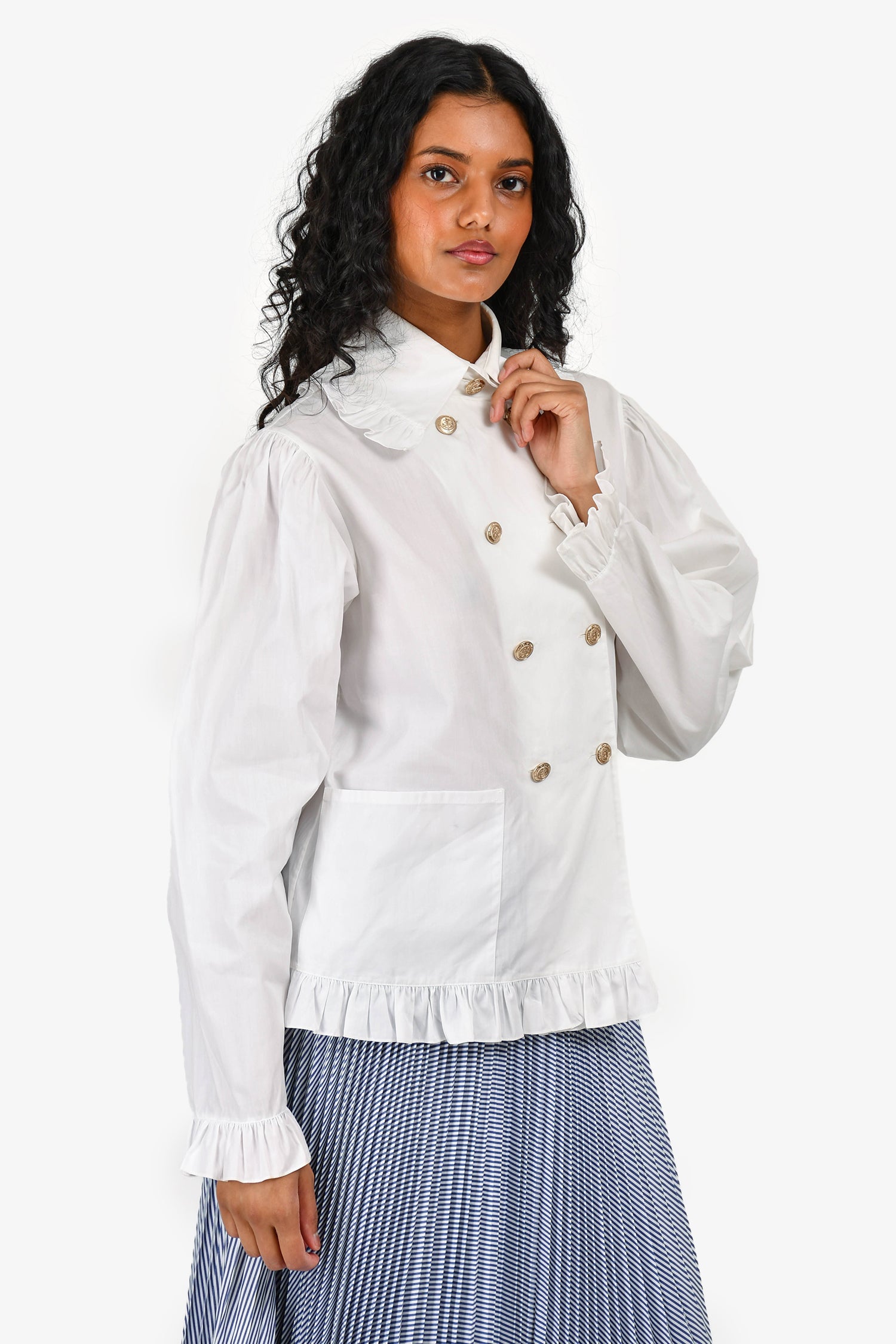 Pre-Loved Chanel™ White Ruffle Hem Anchor Button Detail Blouse Size 36