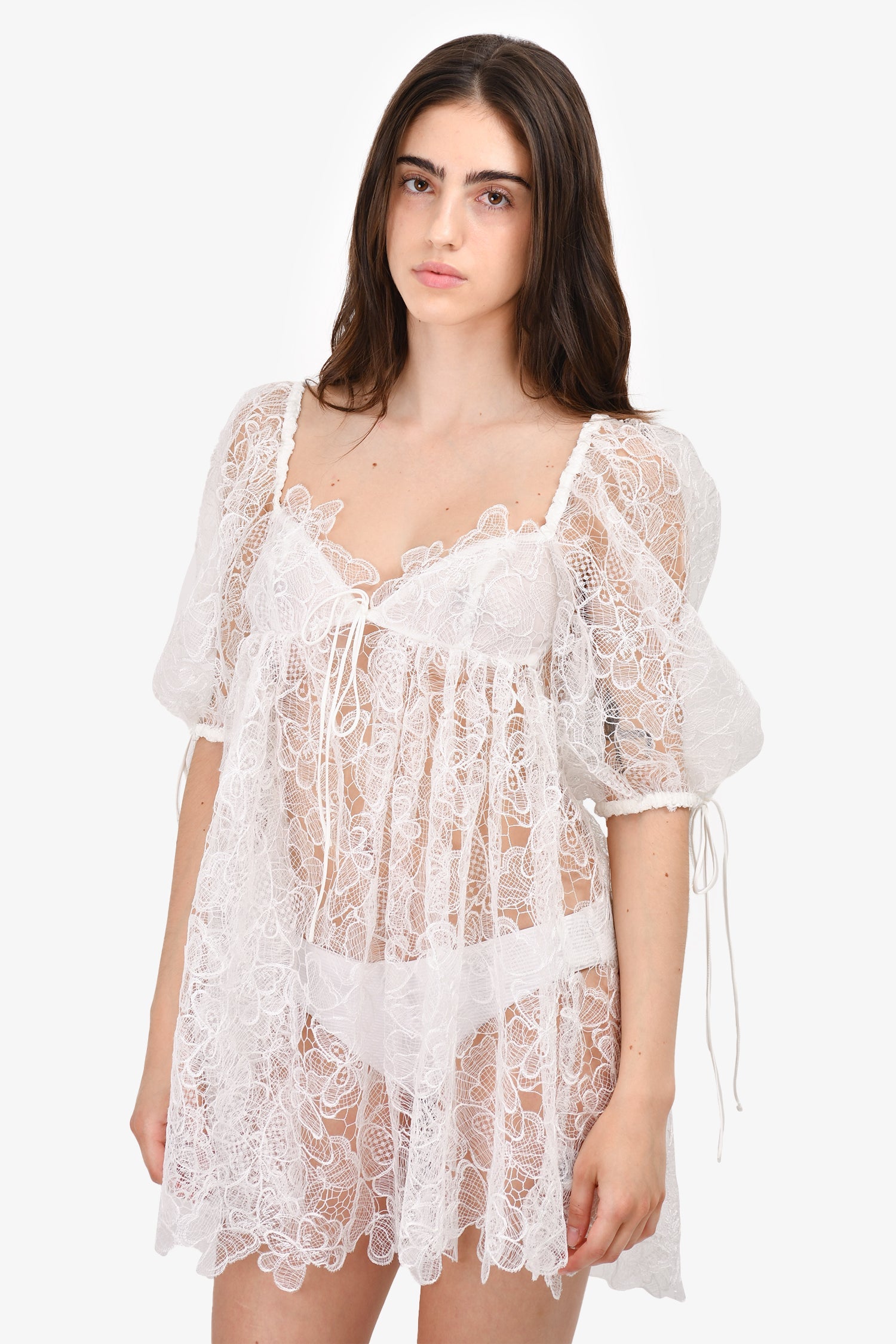 For Love & Lemons White Lace Puff Sleeve Mini Dress Size XS