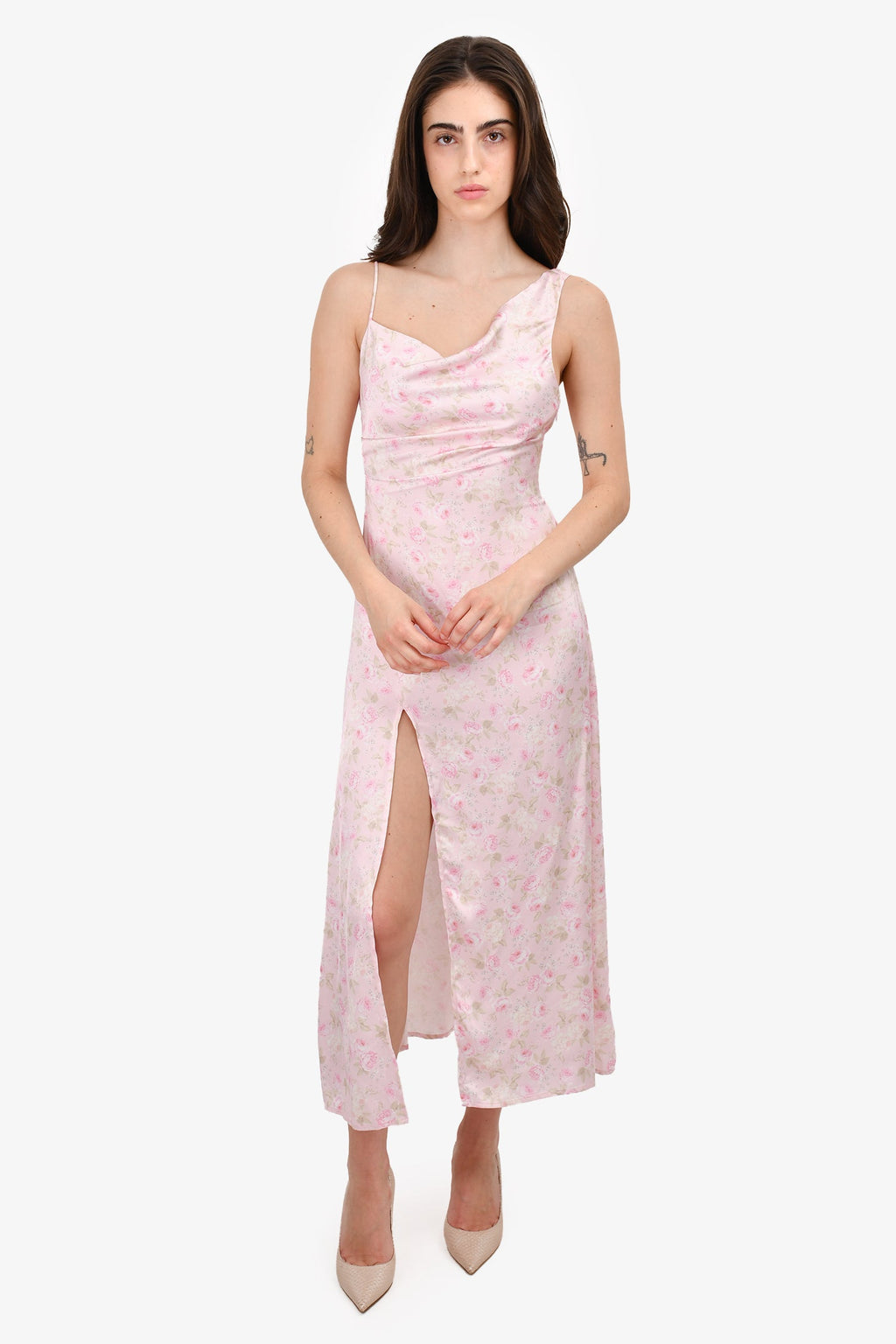 For Love & Lemons Pink Rose Printed Satin Asymmetrical Dress Size XS